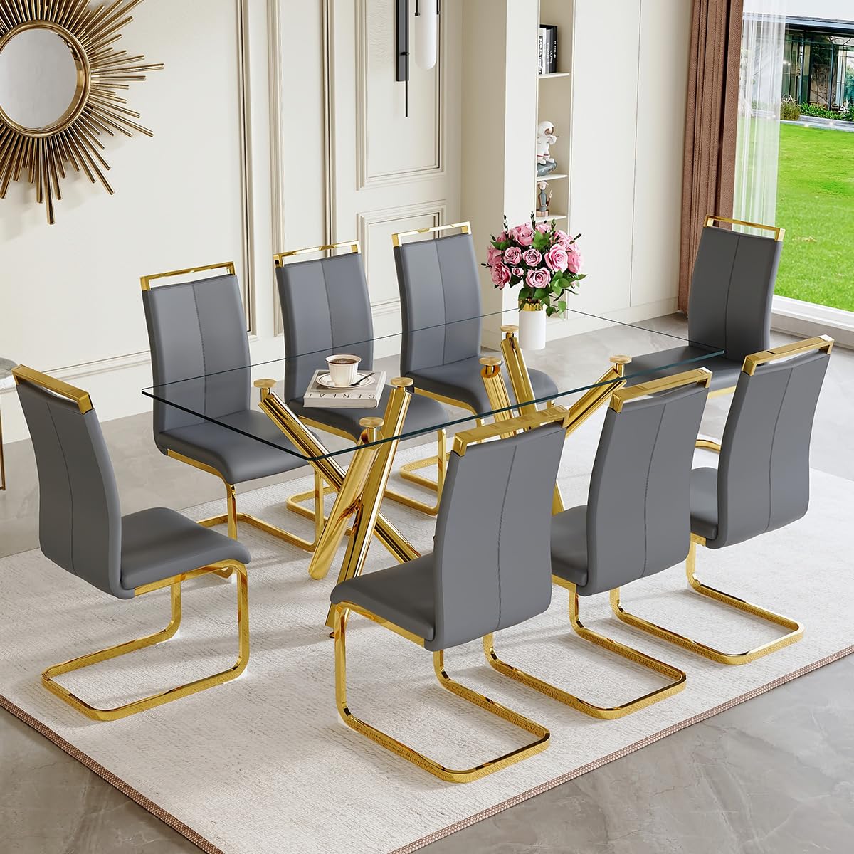 AZmac Modern Dining Table Set for 8 with Gold Metal Frame, 9-Piece Glass Dining Table with PU High Back Chairs for Kitchen Dining Room, Glass Table and 8 White Chairs