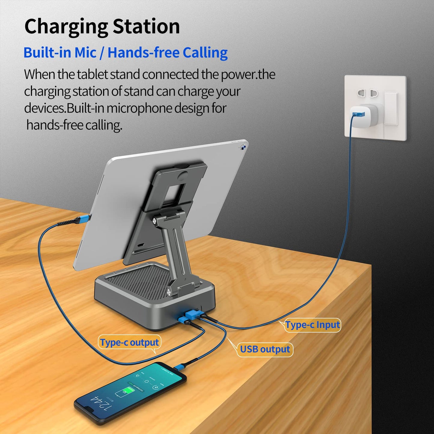 JTEMAN Tablet Stand Adjustable with Bluetooth Speakers,Kitchen Gadgets,Gifts for Women Men,Wireless Bluetooth Speaker Tablet Holder,Desk Mic Charging Sation Compatible with Phones and Tablet