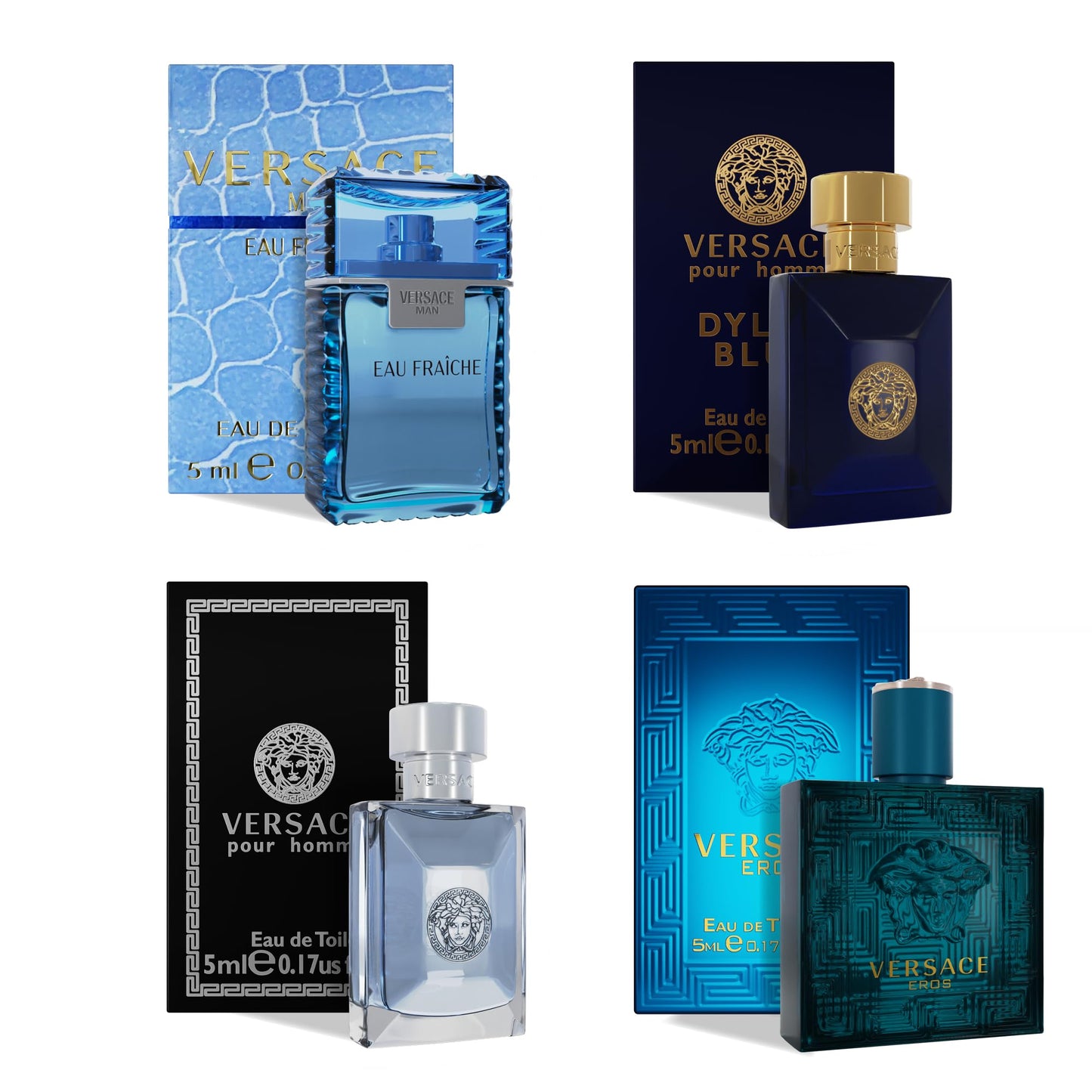 Set de 4 mini perfumes Versace para hombre: Eros, Pour Homme, Dylan Blue, Eau Fraiche. Muestras de perfumes para hombre (4 unidades, 0.17 oz). 