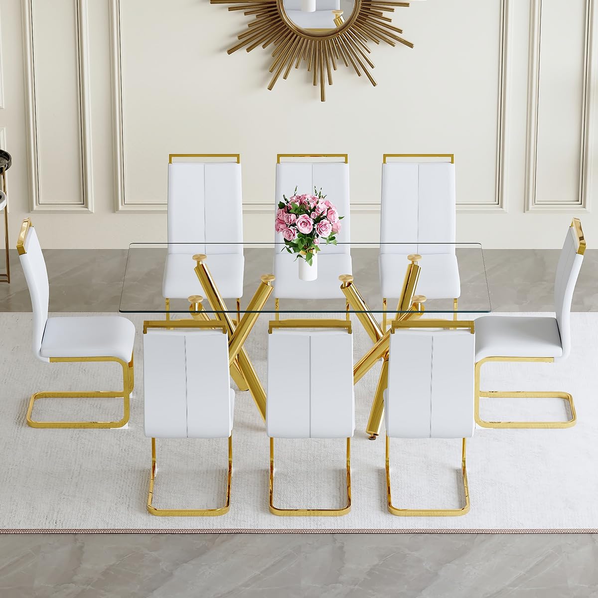 AZmac Modern Dining Table Set for 8 with Gold Metal Frame, 9-Piece Glass Dining Table with PU High Back Chairs for Kitchen Dining Room, Glass Table and 8 White Chairs