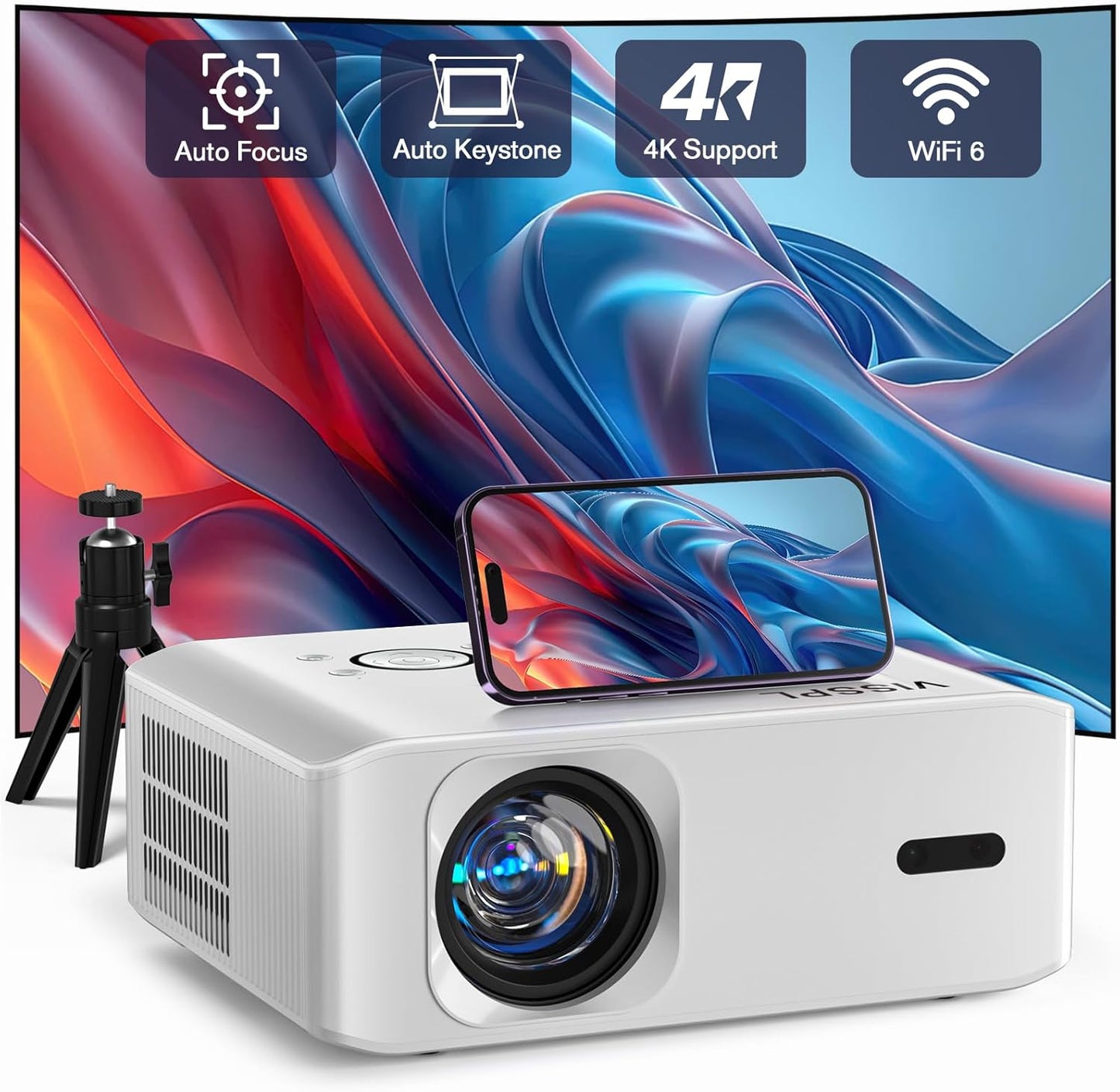 Mini Projector, VISSPL Full HD 1080P Video Projector, Portable Outdoor Projector with Tripod, Kids Gift, Home Theater Movie Phone Projector Compatible with Android/iOS/Windows/TV Stick/HDMI/USB