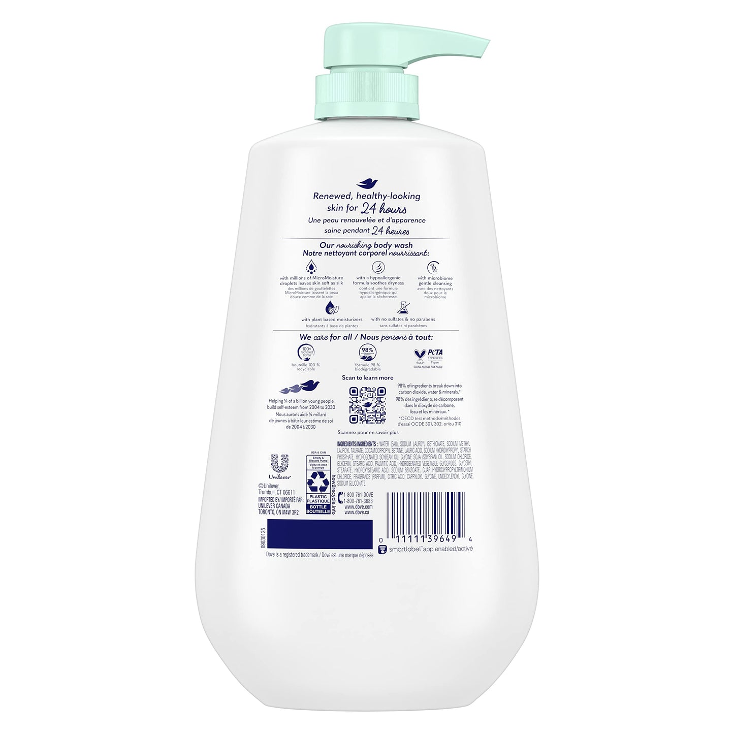 Dove Body Wash with Pump Sensitive Skin For 24hr Lotion-Soft Skin Moisturizing Skin Cleanser Gentle Hypoallergenic Formula with No Sulfates No Parabens 30.6 oz