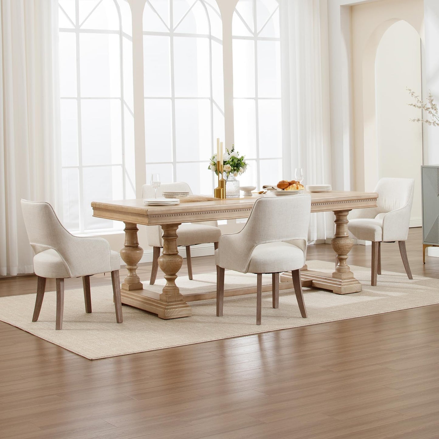 Linen Dining Chairs Set of 4 Upholstered Accent Chairs Side Chair with Wood Legs for Living Room/Dining Room/Bedroom/Restaurant, Cream