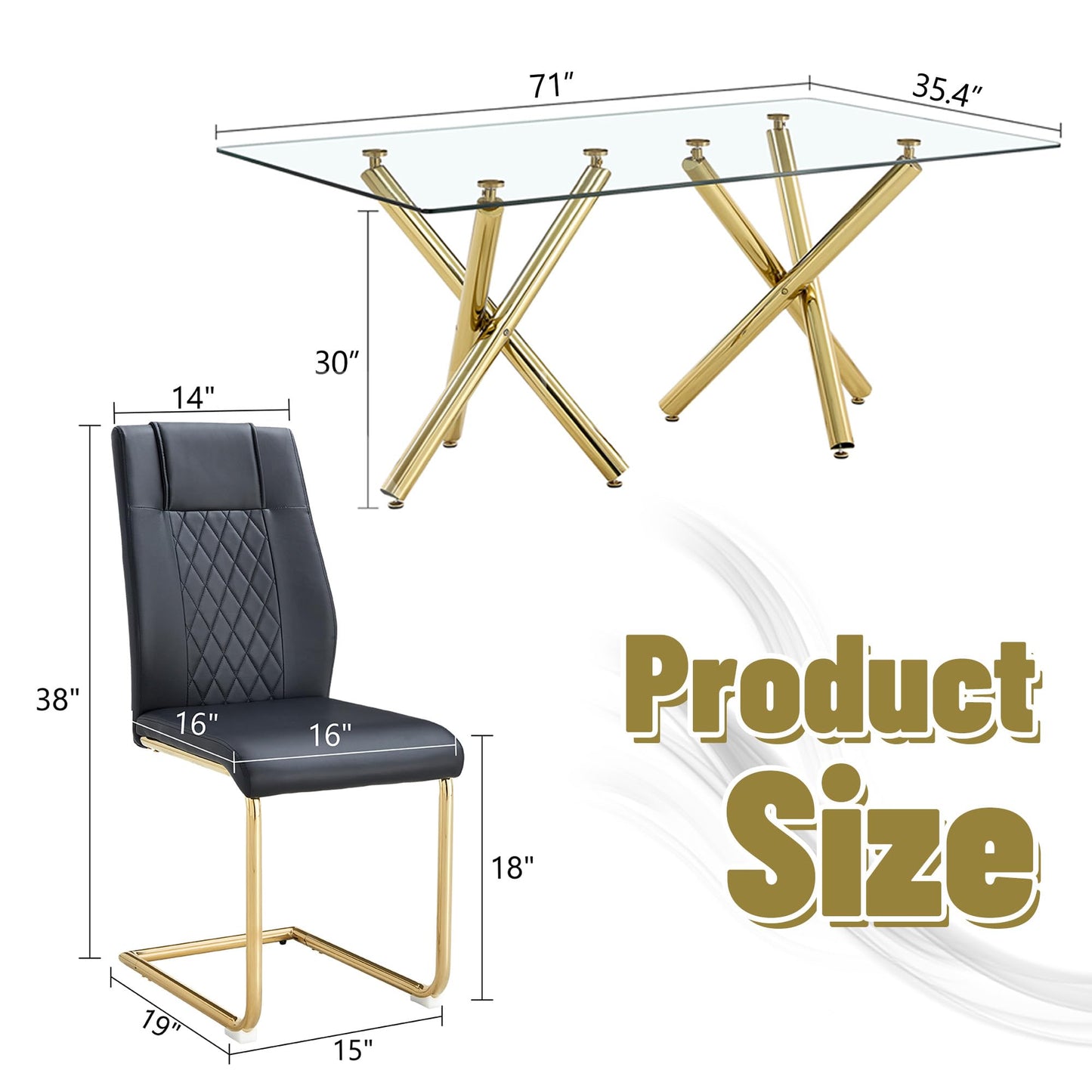 AZmac Modern Dining Table Set for 8 with Gold Metal Frame, 9-Piece Glass Dining Table with PU High Back Chairs for Kitchen Dining Room, Glass Table and 8 White Chairs