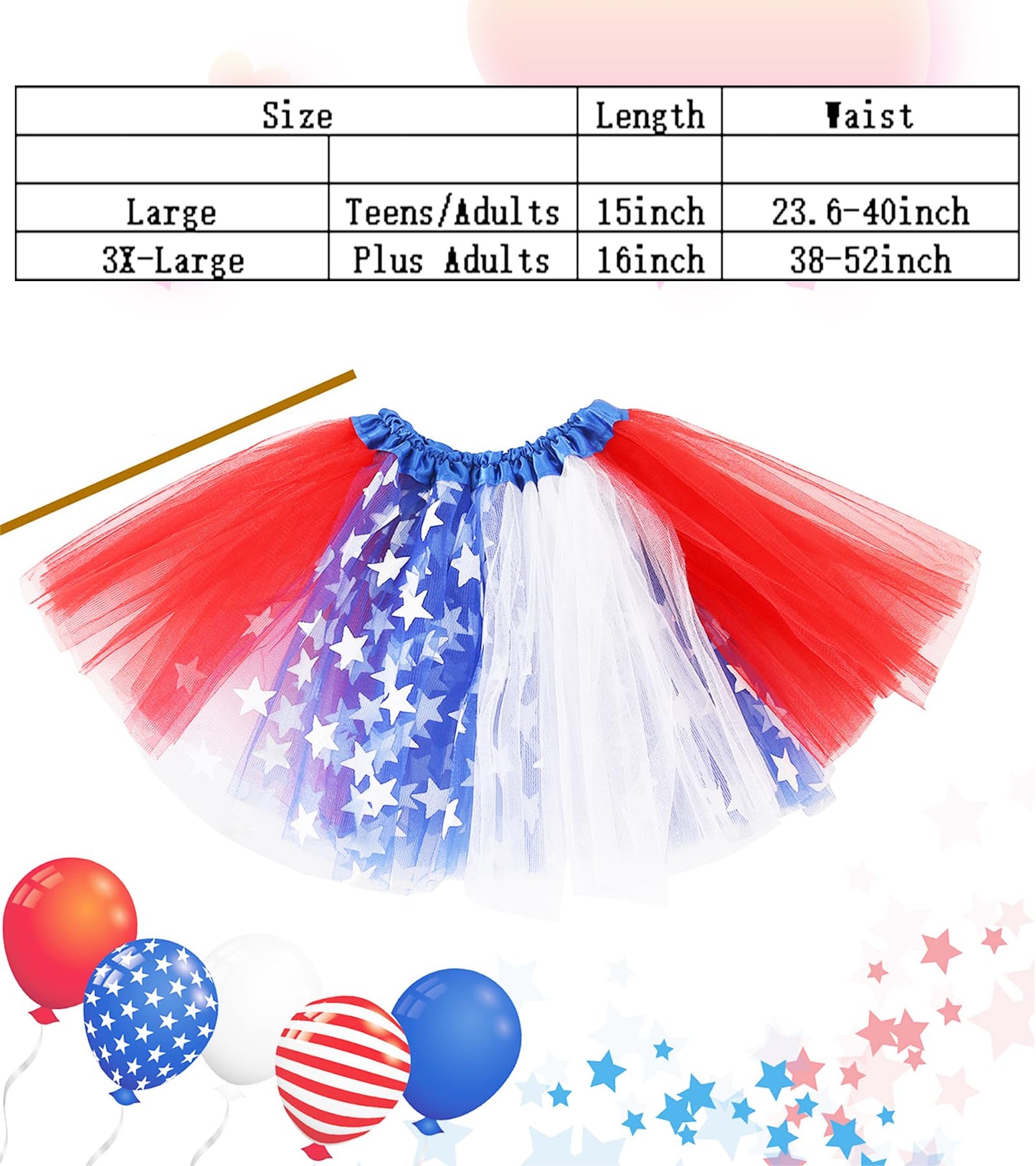 Plus Size Women Adult Red White Blue Running Tutu Skirt,Teens 4th of July Tutu L/3XL USA Star Tulle Skirt Patriotic Costume