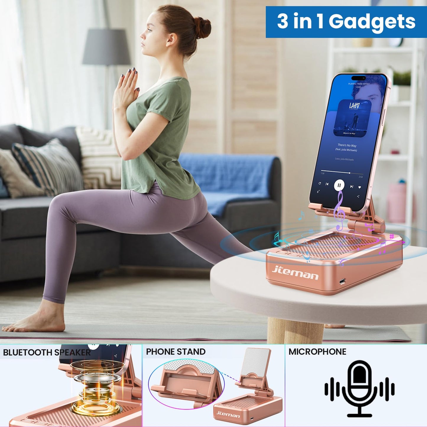 JTEMAN Tablet Stand Adjustable with Bluetooth Speakers,Kitchen Gadgets,Gifts for Women Men,Wireless Bluetooth Speaker Tablet Holder,Desk Mic Charging Sation Compatible with Phones and Tablet