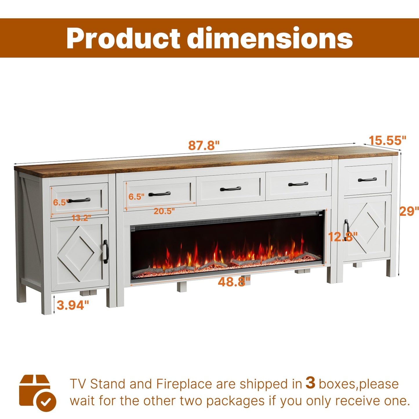 Farmhouse TV Stand with Fireplace for TVs Up to 95 Inch,Entertainment Center with 50" Electric Fireplace,88" TV Console with Storage Cabinet Drawers for Living Room(Off White)