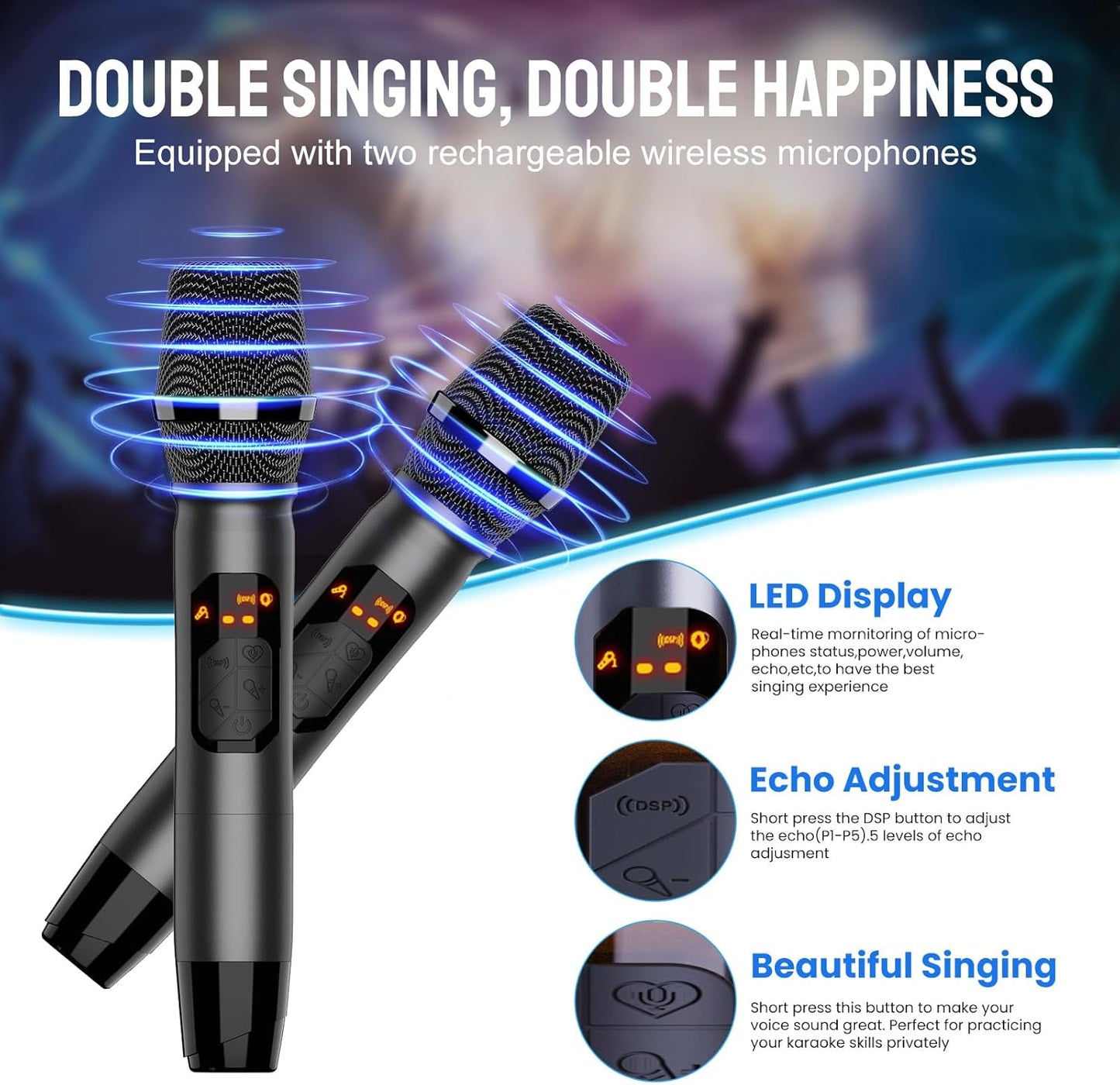 RHM K666PLUS Karaoke Machine with 2 Wireless Mics & LED Lights, Work with TV/Smartphone/Tablet via Bluetooth, 7 Hours Playtime, Support Bluetooth/AUX/USB/PC for Home Party Birthday Outdoor Camping