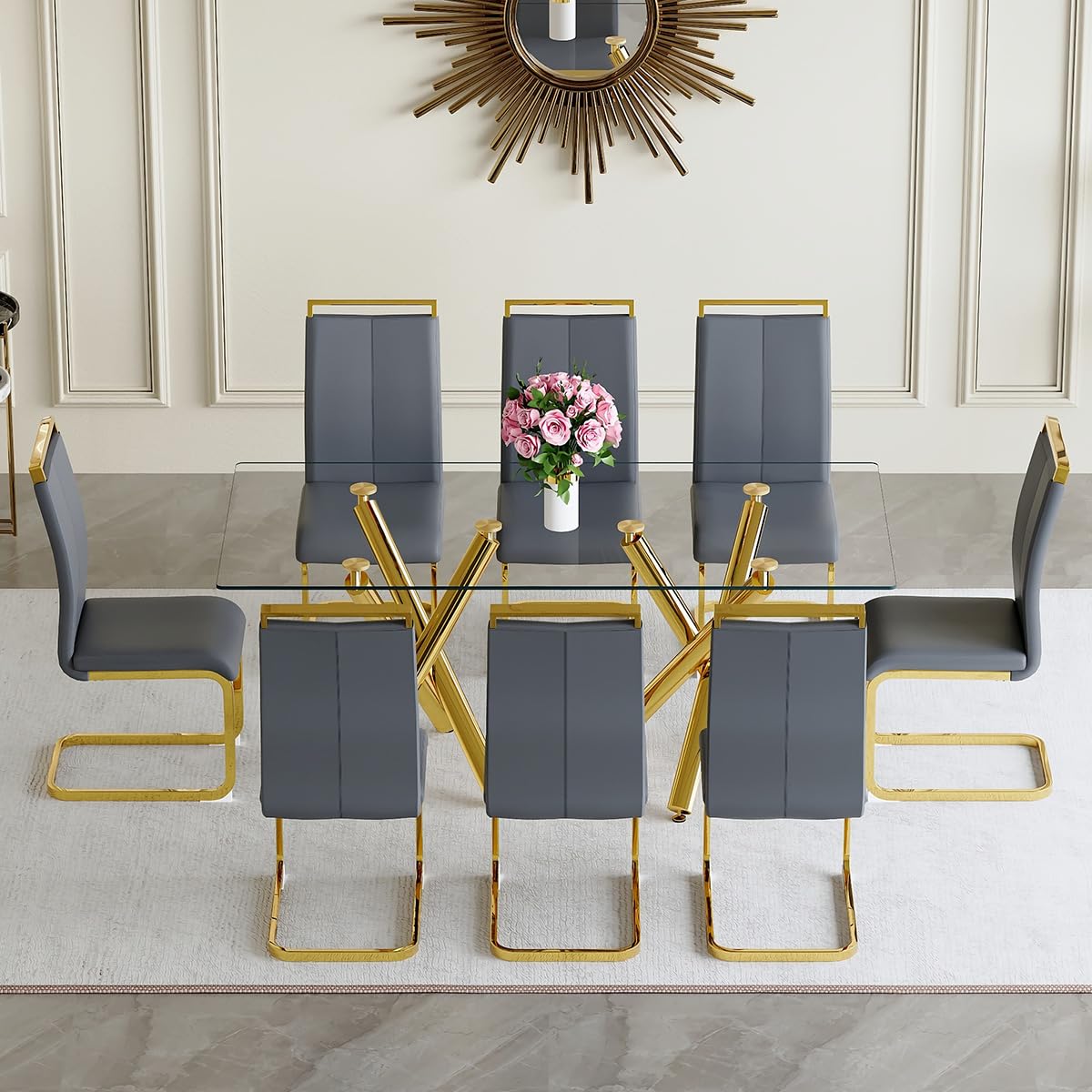 AZmac Modern Dining Table Set for 8 with Gold Metal Frame, 9-Piece Glass Dining Table with PU High Back Chairs for Kitchen Dining Room, Glass Table and 8 White Chairs
