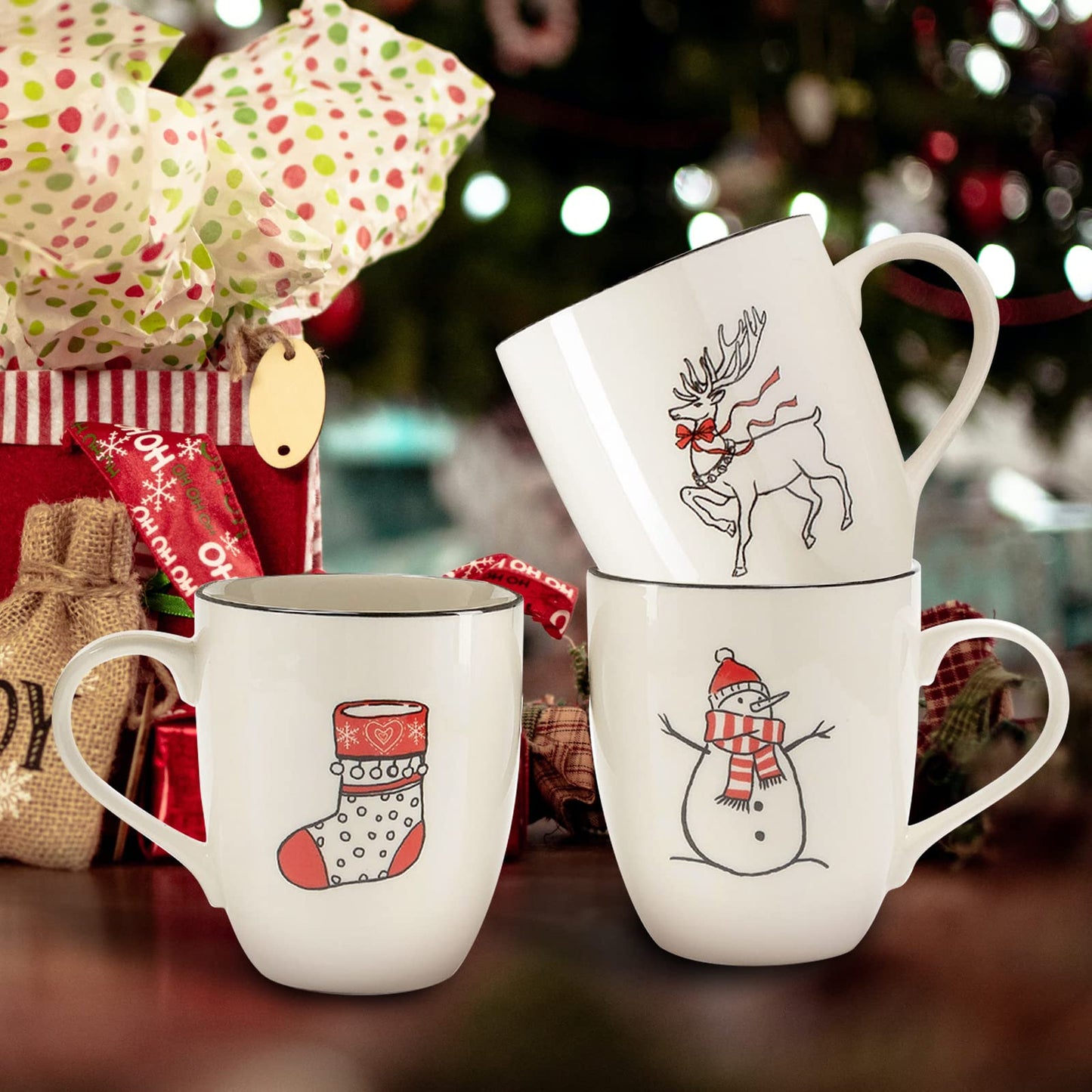 LEHAHA Ceramic Christmas Coffee Mug set,16 OZ Holiday Mugs Set of 6, Festival Coffee Cups with Warm Greeting sayings, Porcelain Christmas Drinkware Ideal for Hot Cocoa, Holiday Tea & Winter Beverages
