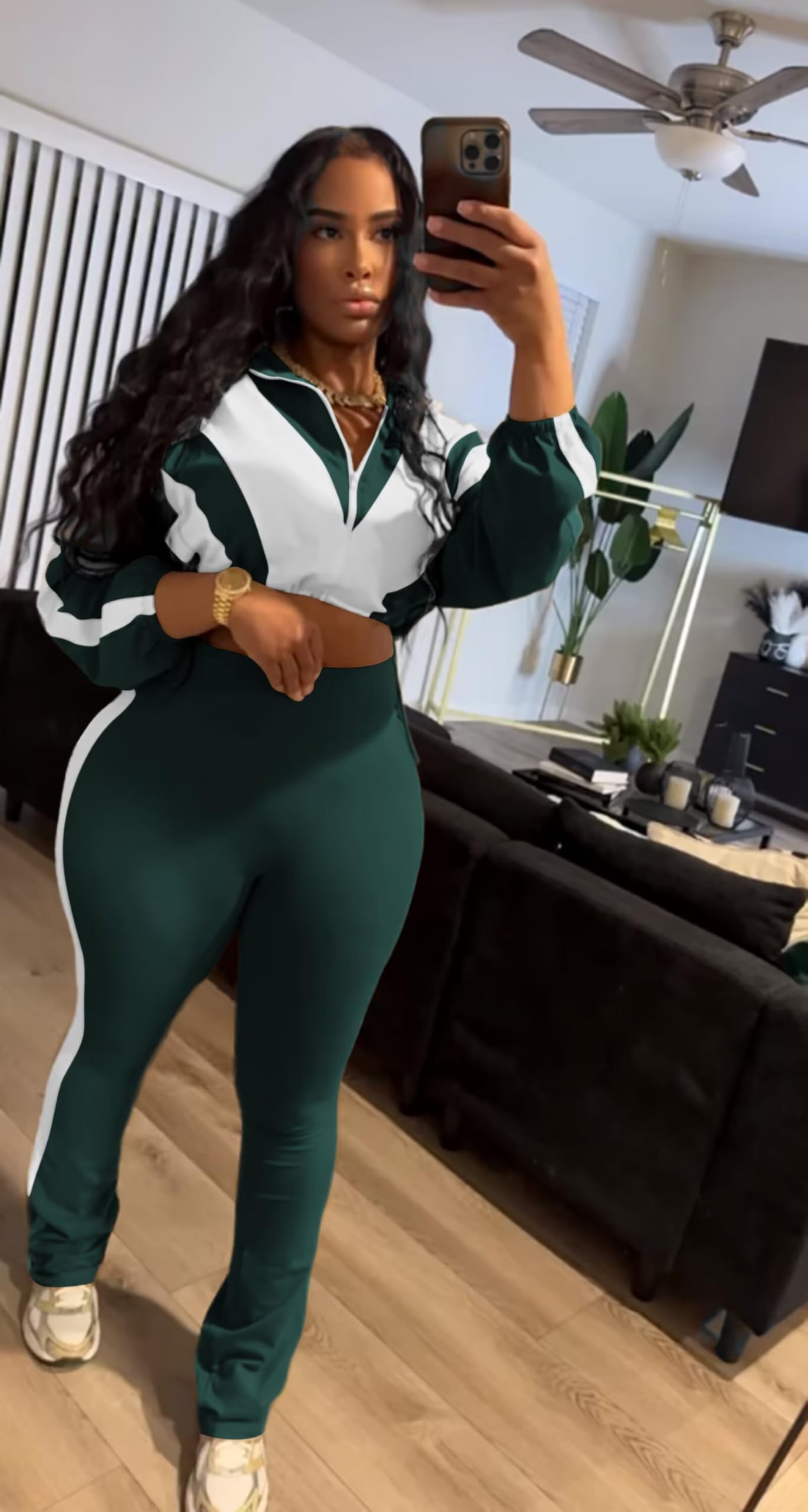 Remelon Womens 2 Piece Sweatsuits Color Block Long Sleeve Zipper Cropped Jacket Legging Pants Set Tracksuit Jogger Outfits