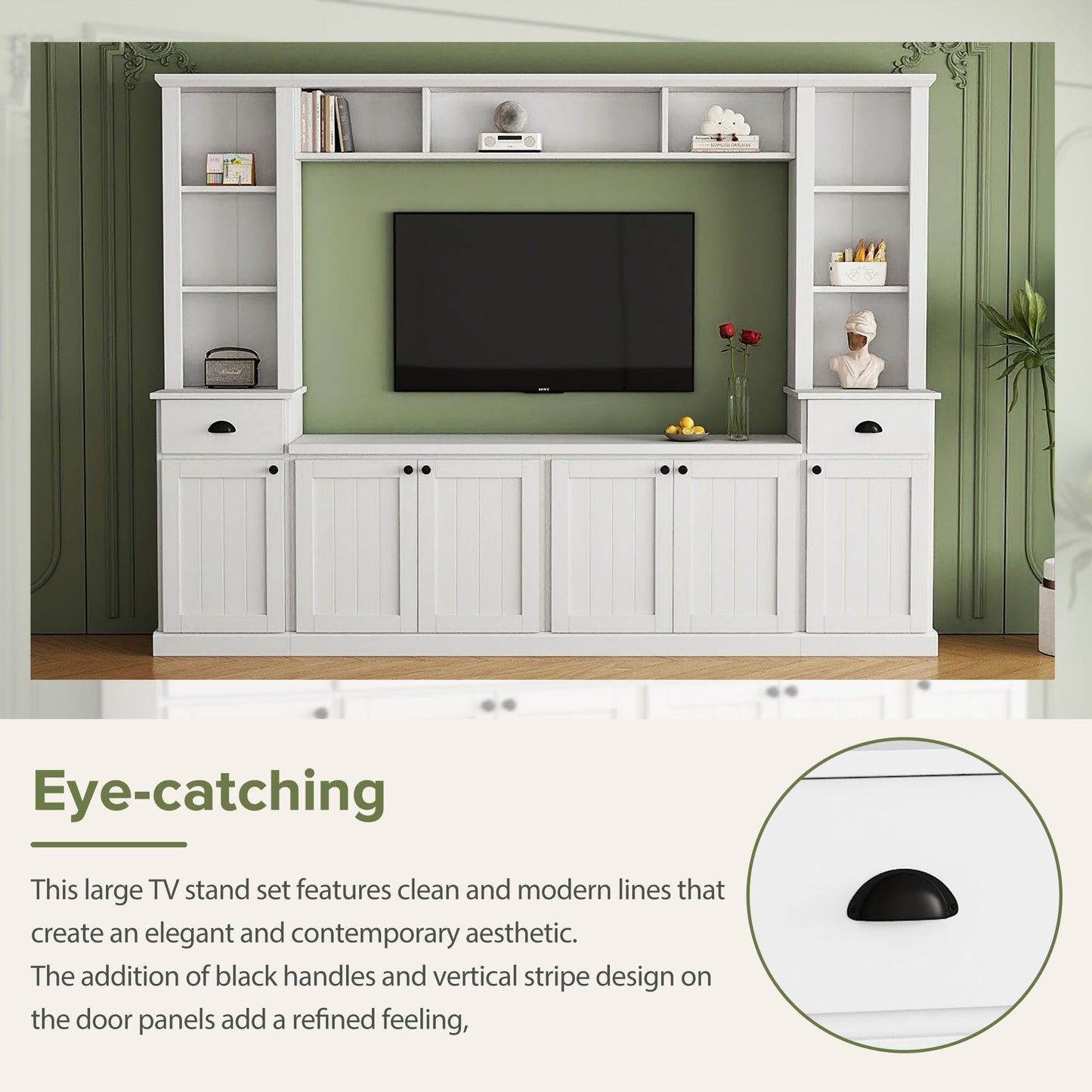 103" Minimalist Entertainment Center Wall Unit Set with Bridge for TVs Up to 75'',Ample Storage Space TV Stand W/Adjustable Shelves,Modernist Large Media Console for Living Room,White