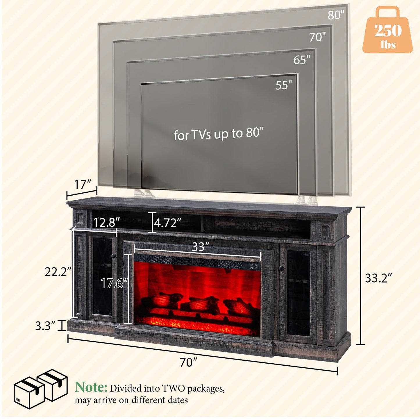 AMERLIFE 70" Farmhouse Heavy Fireplace TV Stand with 33" Electric Fireplace, for 80" TVs up, Media Entertainment Center with Diamond Door, TV Console Storage Cabinet for Living Room, White & Barnwood