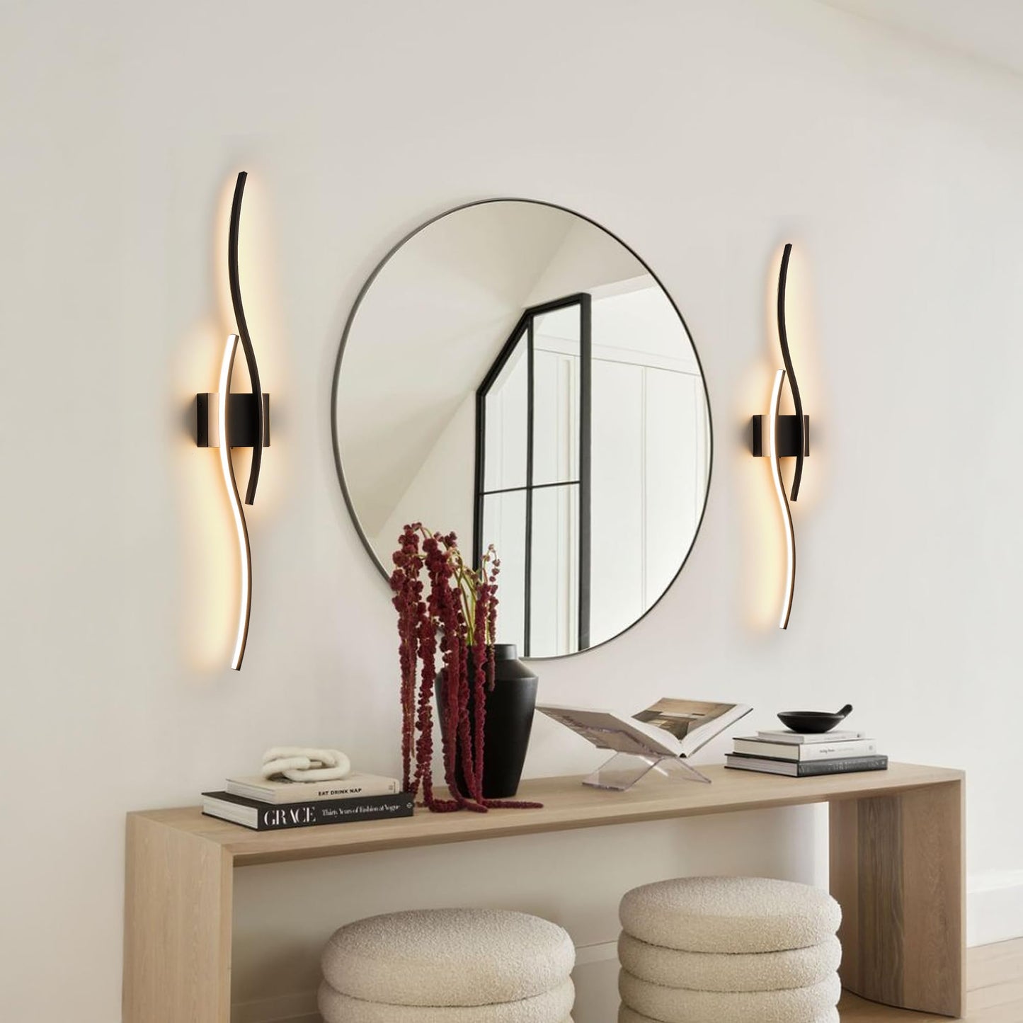 Battery Operated Wall Sconces Set of Two with Remote Control, Dimmable/3 Color/Night-Light/Timer/Memory, Black Modern Wireless LED Sconce for Living Room, Hallway, Bedroom, 39.3 Inch (2 Pack)