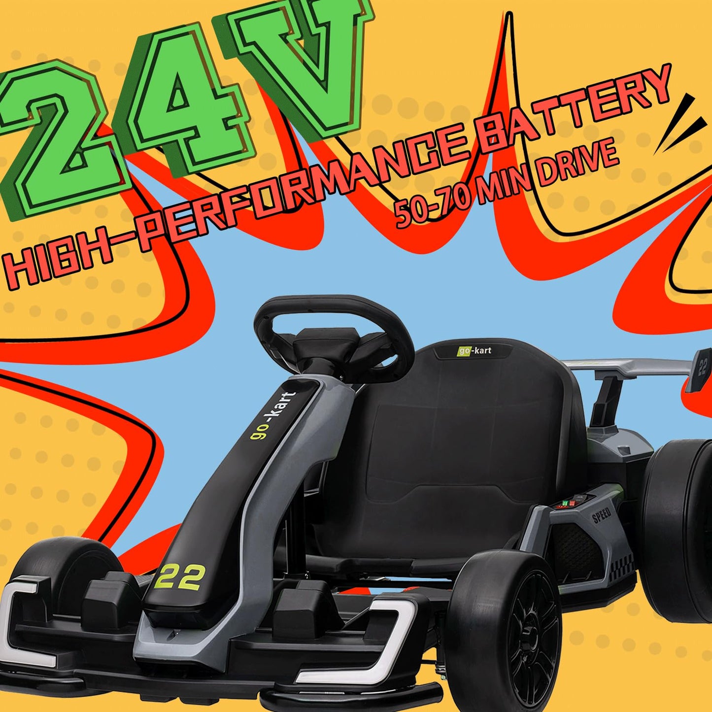 KerryYoo K61 Go Kart Electric Drift Kart with Length Adjustable Seat, 24V Outdoor Ride on Toy with 4 Speed Mode, Crazy Cart for Kids 6-12 Years Old, Fast 300W Motor, 8.5 MPH, Bluetooth - Blue