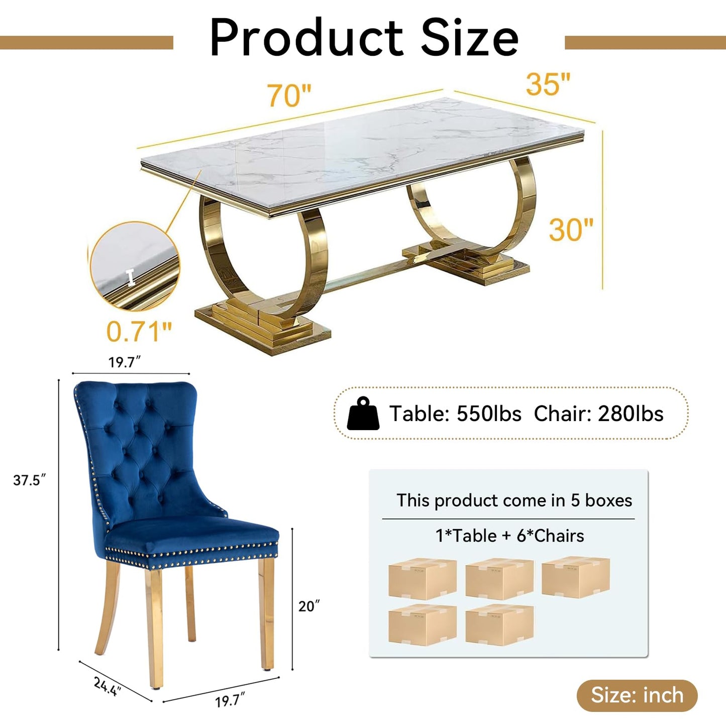 HomVent 70" Faux Marble Dining Table Set for 6, Rectangular Marble Top Kitchen Table Set, Kitchen & Dining Room Sets, Dining Table and Dining Chair