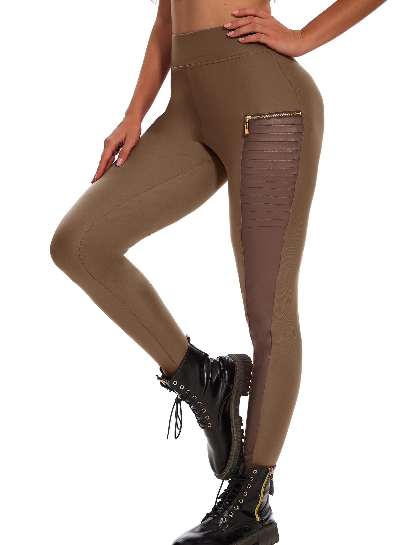 Faux Leather Leggings for Women Pleather Pant Elastic Mid Waisted Stretchy Patch Zip Tights