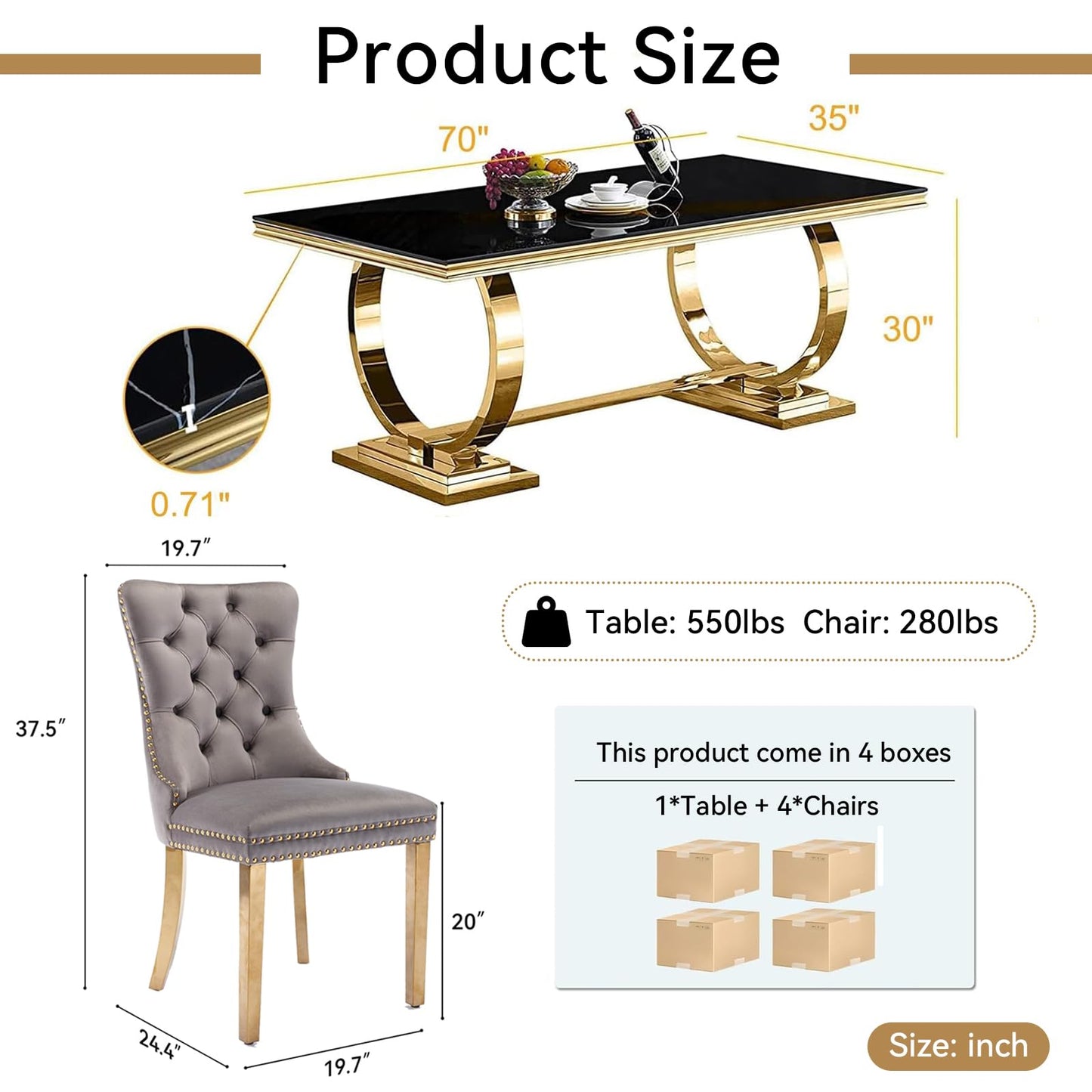 HomVent 70" Faux Marble Dining Table Set for 6, Rectangular Marble Top Kitchen Table Set, Kitchen & Dining Room Sets, Dining Table and Dining Chair