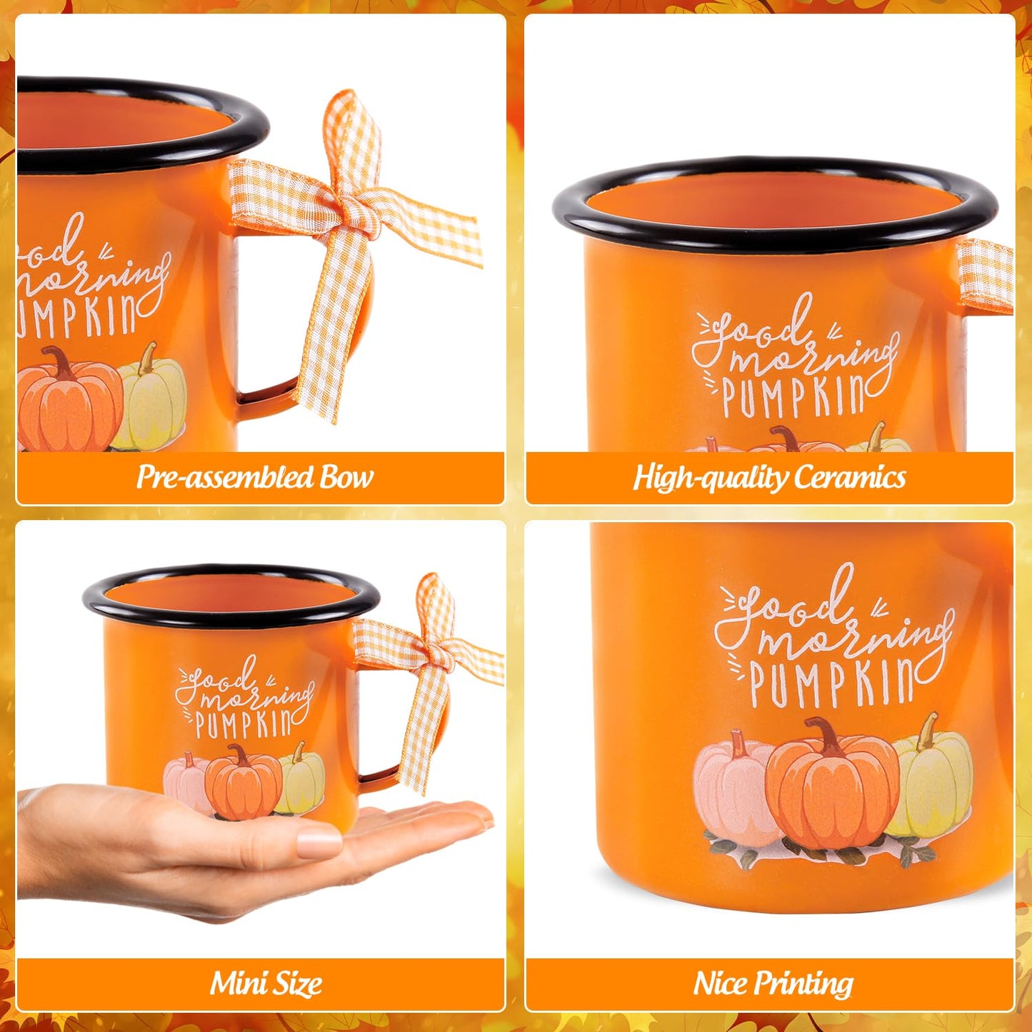 Quera 4 Pcs Fall Thanksgiving Mini Coffee Mug, Pumpkin Mini Coffee Cups for Tiered Tray Decor Autumn Centerpieces, Farmhouse Kitchen Coffee Bar PartyDecorations, Birthday Gift, 240ml