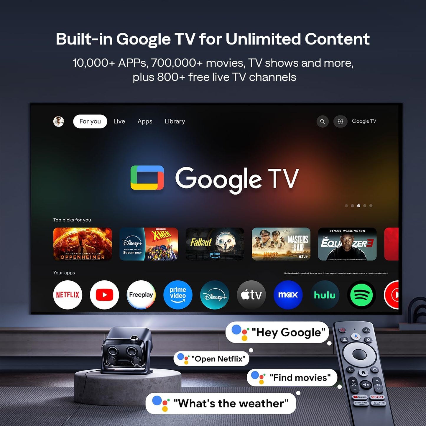 BOOM mini 4-in-1 Smart Projector Built-in Google TV, 10,000+ Apps, Real-Time Focus & Keystone, 20W Speakers DoIby Audio, 500 ANSI Lumens Outdoor Movie Projector with WiFi and Bluetooth, Black