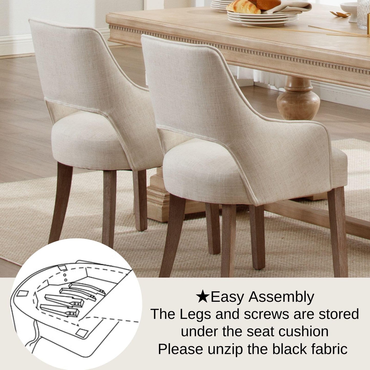 Linen Dining Chairs Set of 4 Upholstered Accent Chairs Side Chair with Wood Legs for Living Room/Dining Room/Bedroom/Restaurant, Cream