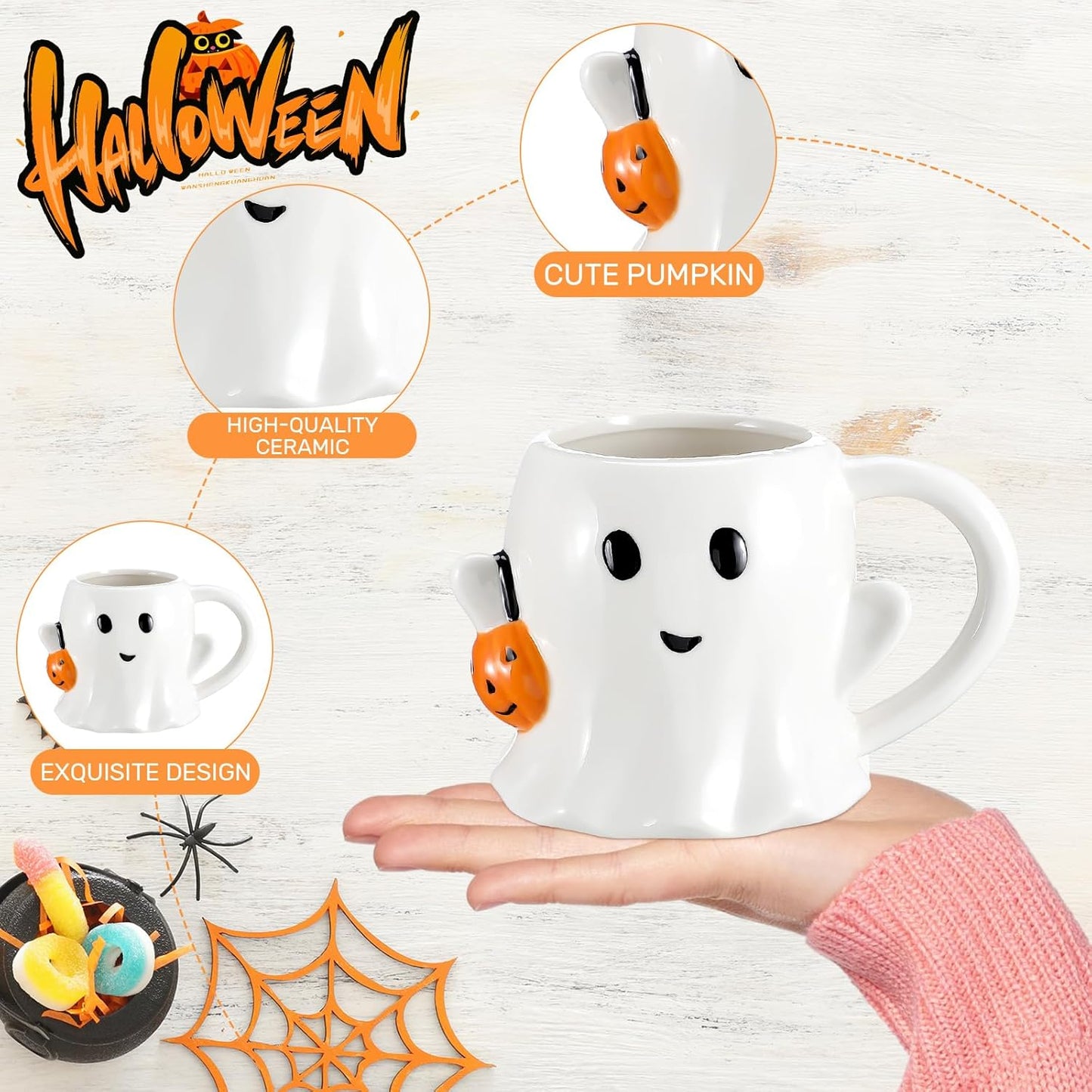 2 Pcs 12 oz Halloween Ghost Mug Coffee Ceramic Boo Mug with Pumpkin Cute Ghost Face Cup with Handle for Halloween Party Decoration