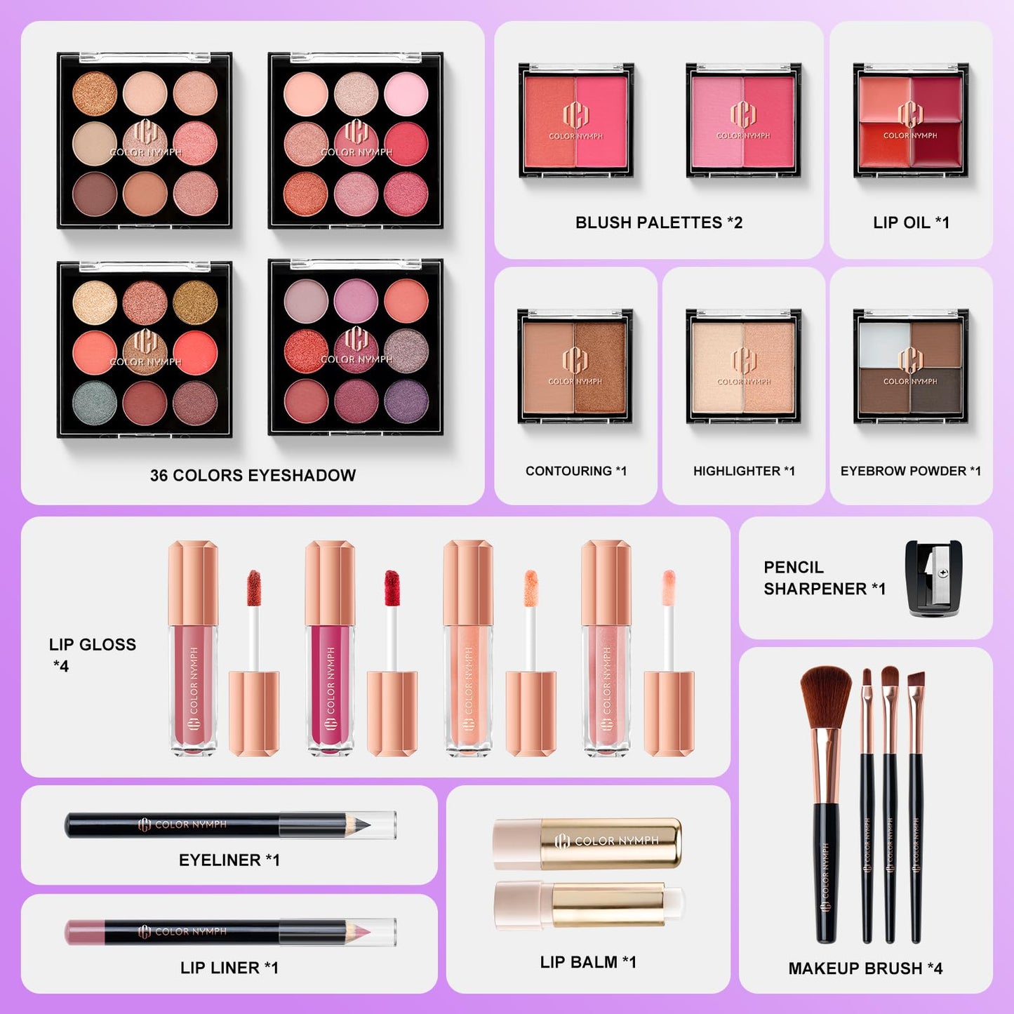 Color Nymph All In One Makeup Kit Comestics Gifts for Girls Teens, Travel Makeup Set 4 Trays Train Case for Beginner Includes Eyeshadow Highlighter Lipgloss Blush Concealer Brush Eyeliner Lipbalm