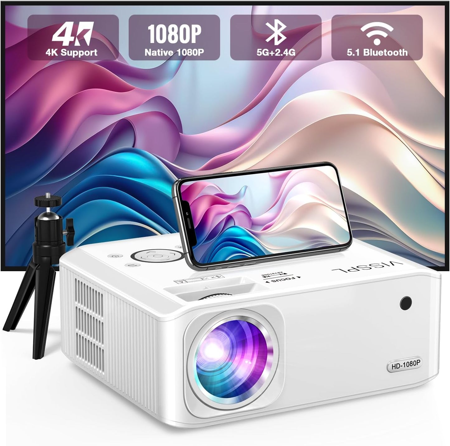 Mini Projector, VISSPL Full HD 1080P Video Projector, Portable Outdoor Projector with Tripod, Kids Gift, Home Theater Movie Phone Projector Compatible with Android/iOS/Windows/TV Stick/HDMI/USB