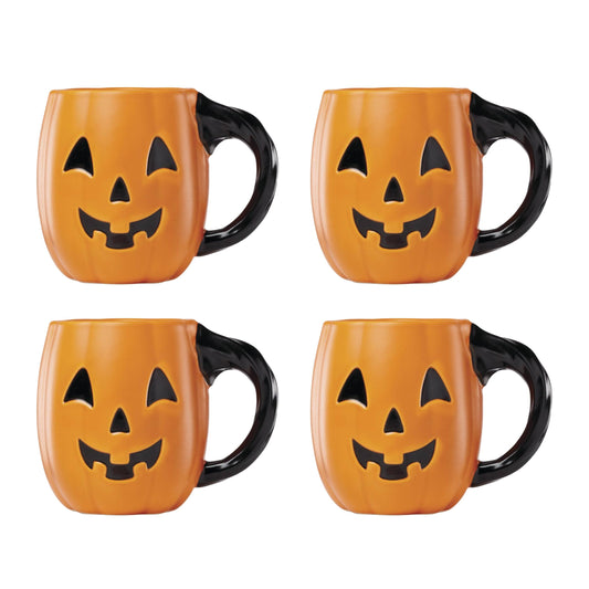Lenox Coffee Mugs, Vintage Halloween Figural Pumpkin 20 Oz Mugs Set of 4, Porcelain, Spooky Drinkware Set, Dishwasher Safe, Microwave Safe, Halloween Decor Indoor, Pumpkin Decor (Orange/Black 4 Piece)