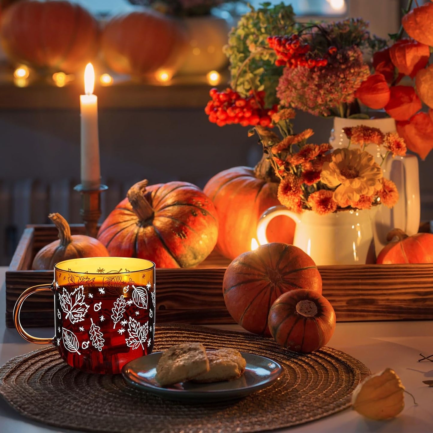 Meanplan 4 Pcs Fall Maple Leaf Mugs with Handle 12oz Amber Coffee Mugs Fall Espresso Glass Cups Amber Thanksgiving Cups for Thanksgiving Autumn Harvest Party Supplies