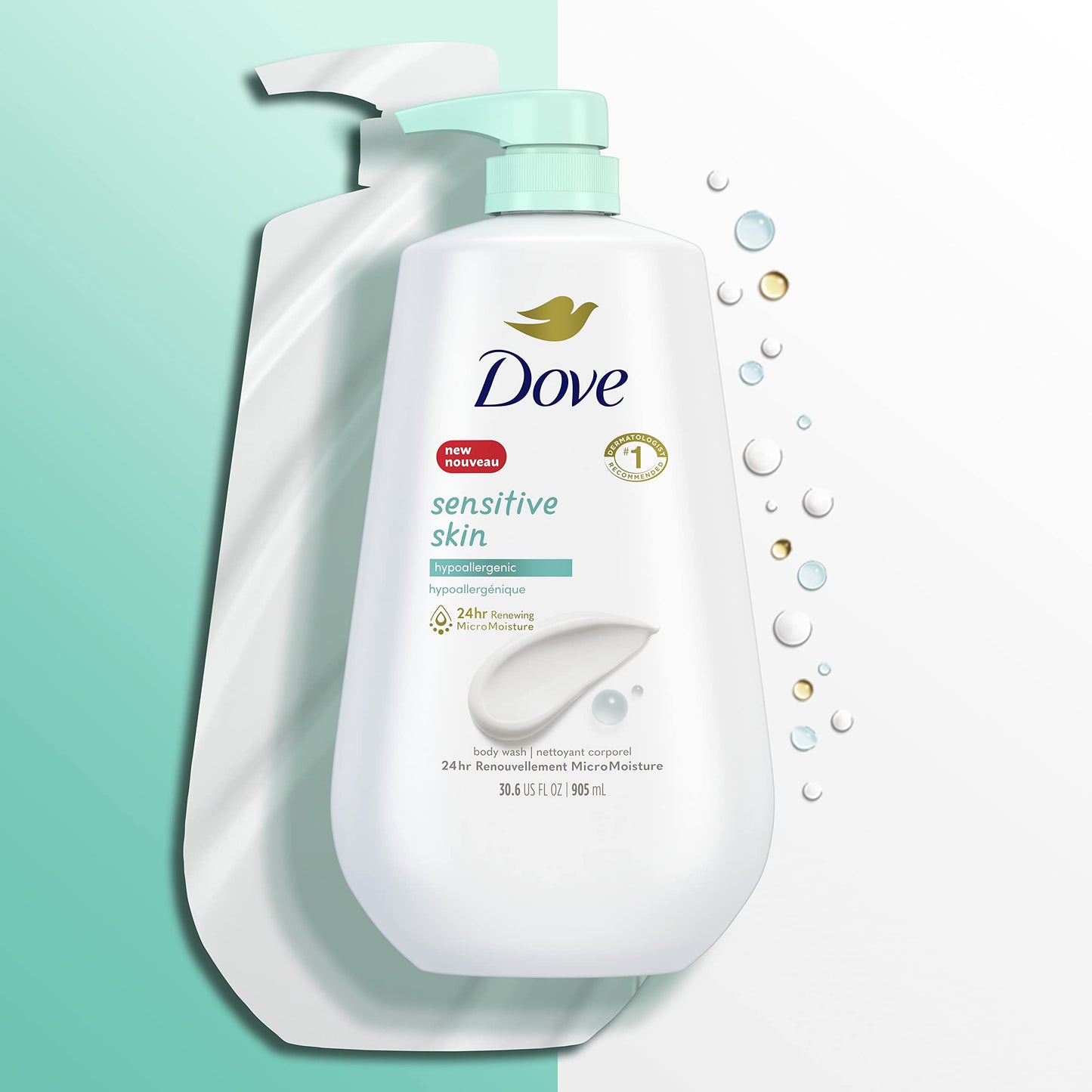 Dove Body Wash with Pump Sensitive Skin For 24hr Lotion-Soft Skin Moisturizing Skin Cleanser Gentle Hypoallergenic Formula with No Sulfates No Parabens 30.6 oz