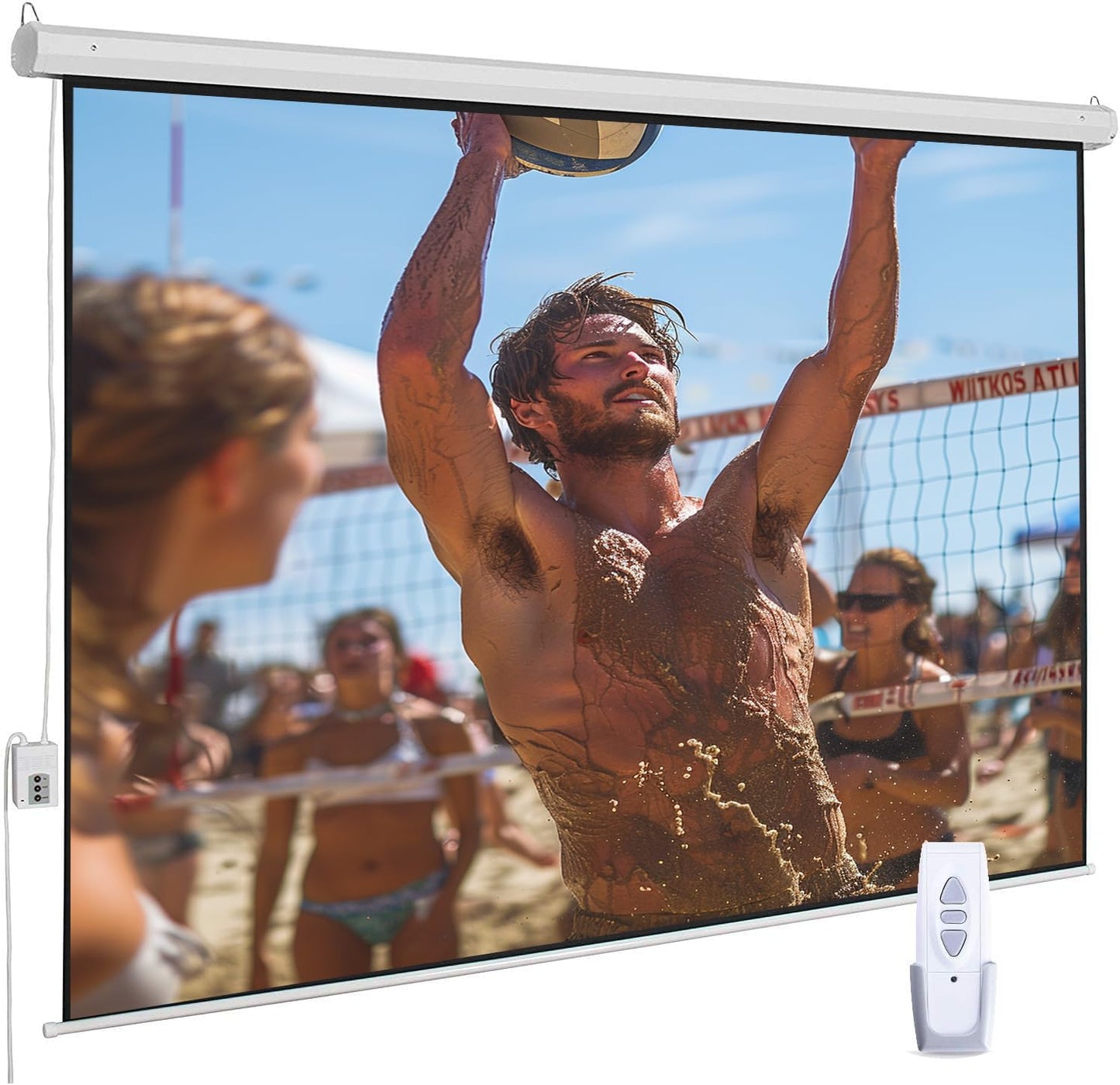 110" Motorized Projector Screen, Electric 16:9 Projector Screen with Remote Control, Indoor/Outdoor HD Movie Screen, Wall/Ceiling Mounted, Perfect for Home Office Theater TV, White