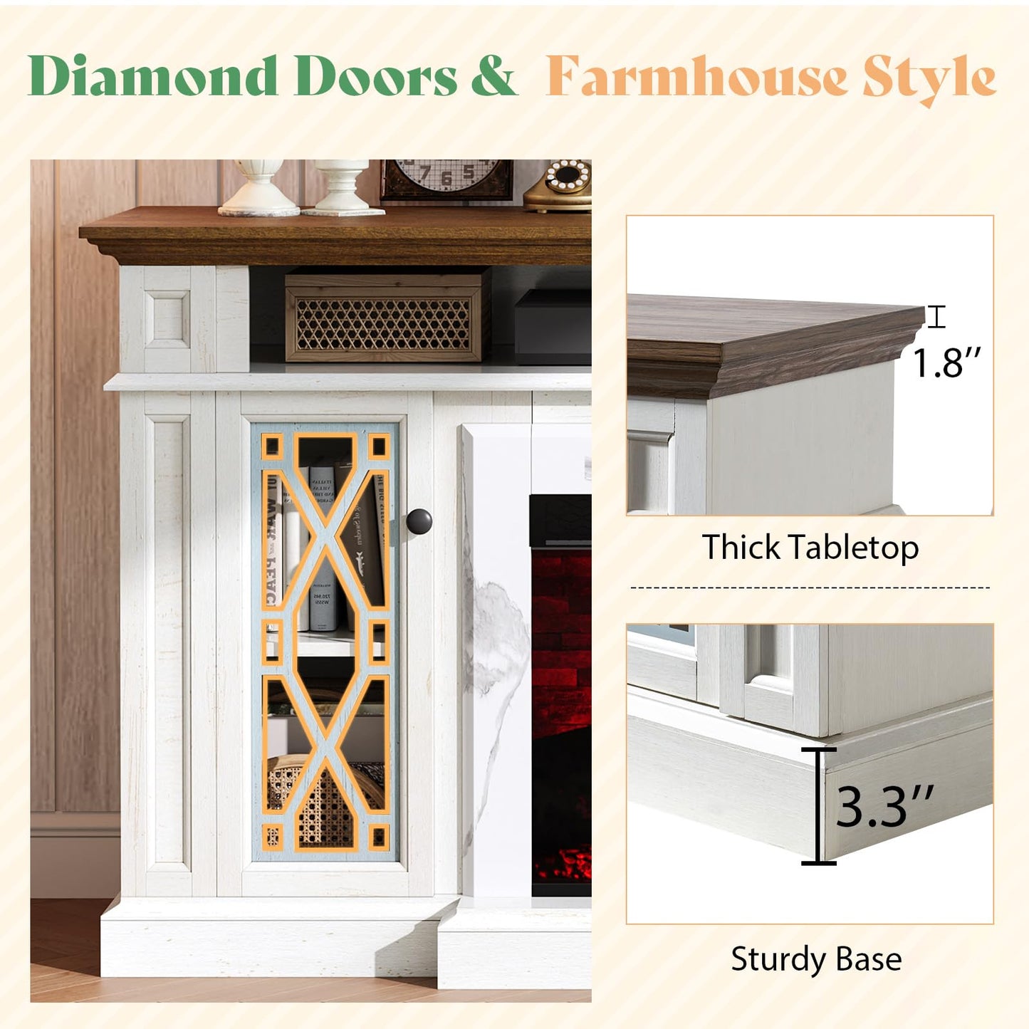 AMERLIFE 70" Farmhouse Heavy Fireplace TV Stand with 33" Electric Fireplace, for 80" TVs up, Media Entertainment Center with Diamond Door, TV Console Storage Cabinet for Living Room, White & Barnwood