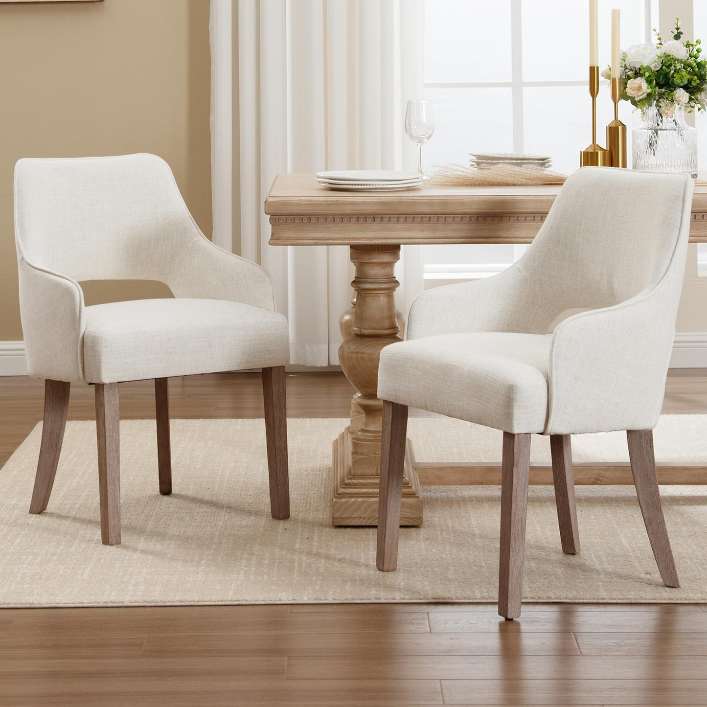 Linen Dining Chairs Set of 4 Upholstered Accent Chairs Side Chair with Wood Legs for Living Room/Dining Room/Bedroom/Restaurant, Cream