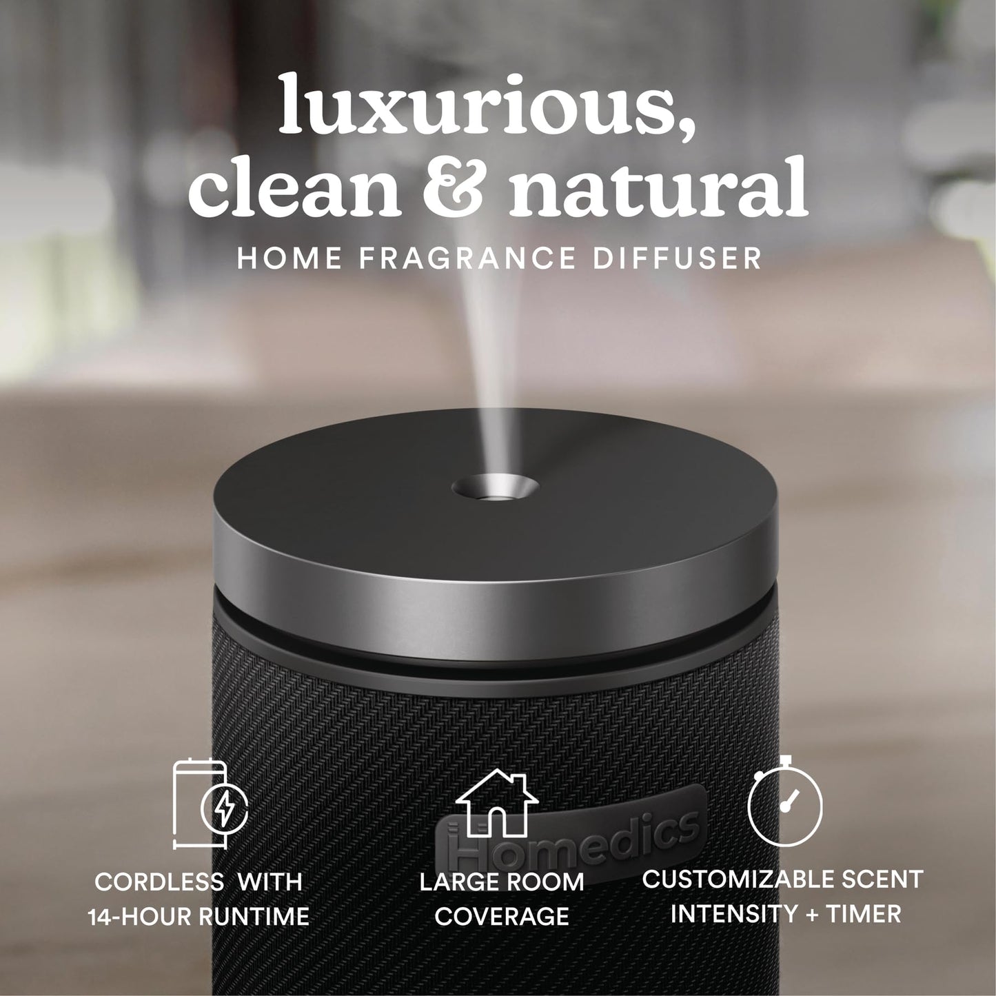 Homedics SereneScent Fabric Rechargeable Waterless Diffuser, Use with Homedics SereneScent Oil 120ml (Sold Separately) Cordless Aromatherapy, Adjustable Mist & Timer, 6 Calming Lights, Black