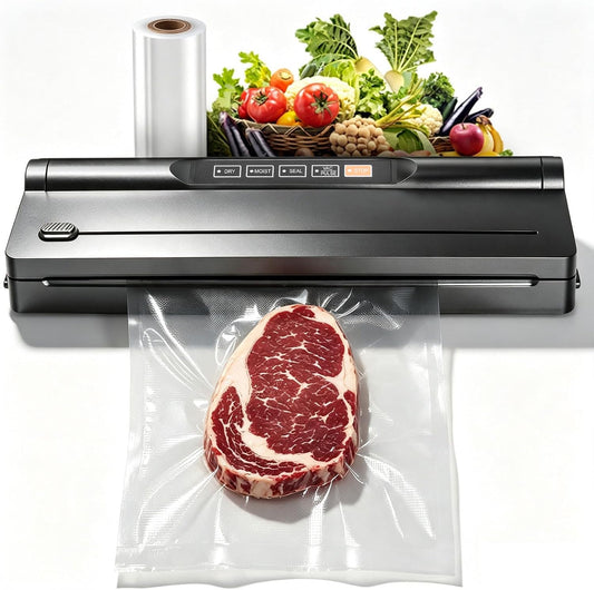 Black Vacuum Sealer Machine, VS6615H 60KPa 4-in-1 Compact Food Sealer with Double Heat Seal for Dry Moist Food, Built-in Cutter, Bag Storage + Bags, for Home Cooks & Meal Preppers