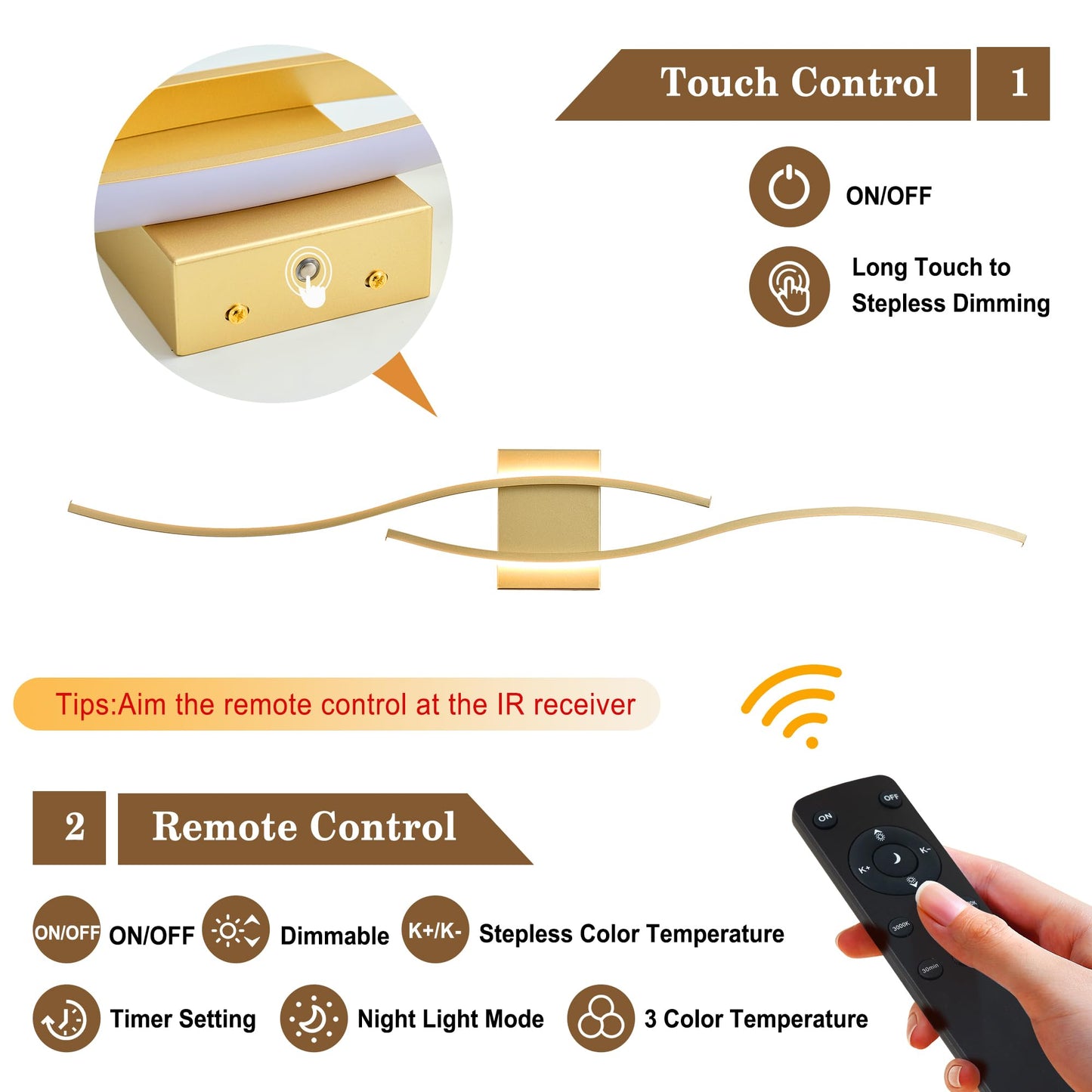 Battery Operated Wall Sconces Set of Two with Remote Control, Dimmable/3 Color/Night-Light/Timer/Memory, Black Modern Wireless LED Sconce for Living Room, Hallway, Bedroom, 39.3 Inch (2 Pack)