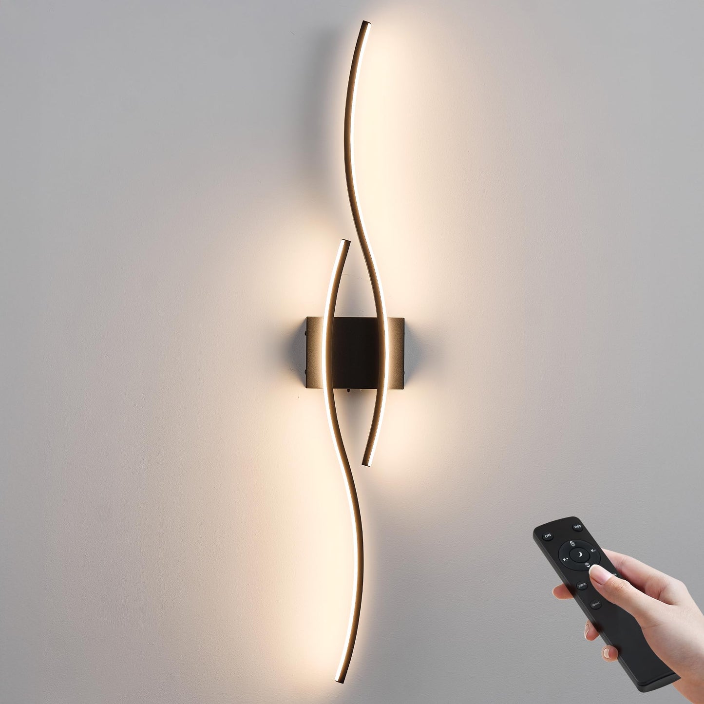 Battery Operated Wall Sconces Set of Two with Remote Control, Dimmable/3 Color/Night-Light/Timer/Memory, Black Modern Wireless LED Sconce for Living Room, Hallway, Bedroom, 39.3 Inch (2 Pack)