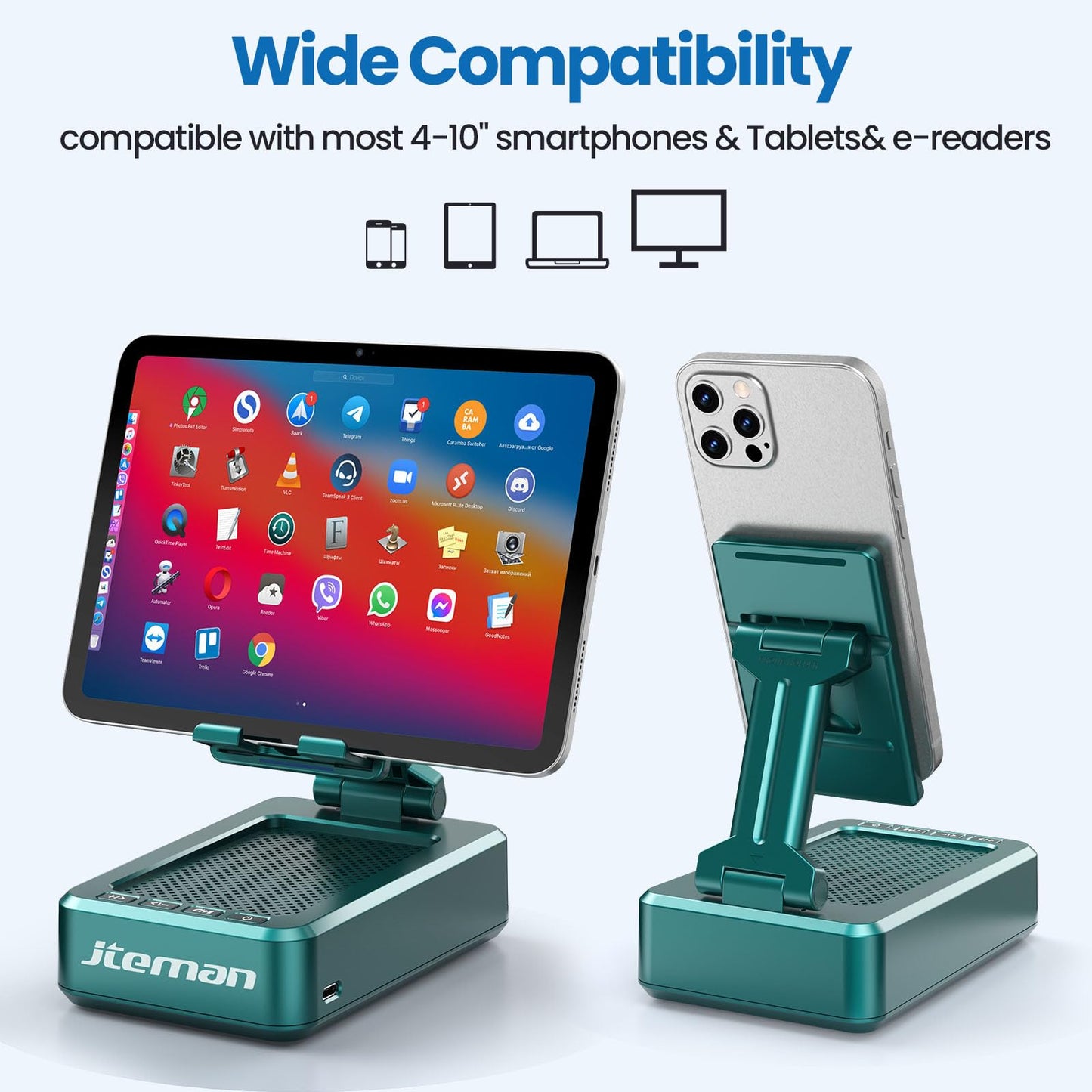 JTEMAN Tablet Stand Adjustable with Bluetooth Speakers,Kitchen Gadgets,Gifts for Women Men,Wireless Bluetooth Speaker Tablet Holder,Desk Mic Charging Sation Compatible with Phones and Tablet