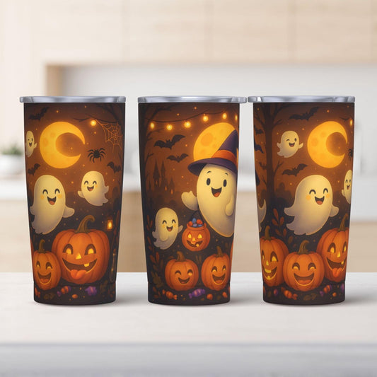 Halloween Tumbler 20 oz - Cute Ghost & Pumpkin Stainless Steel Insulated Cup with Lid & Straw, Double Wall Vacuum Travel Mug, Spooky Halloween Gifts for Women, Teens, Kids - Fall Autumn Decor