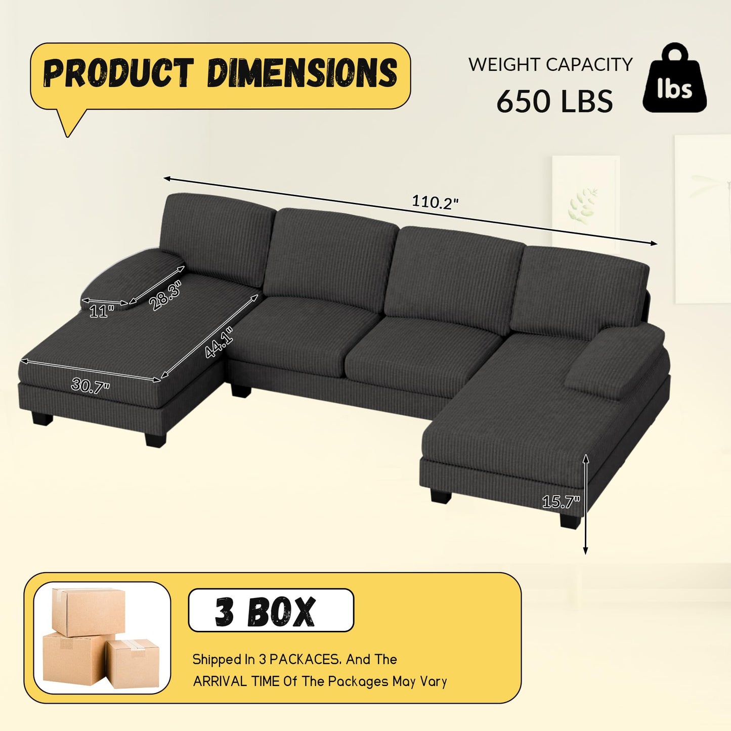 JUMMICO Sectional Couches for Living Room, U Shaped Couch with Chenille Fabric, 4 Seat Modern Sofa with Removable Pillows for Apartment and Small Space (Corduroy, Beige)
