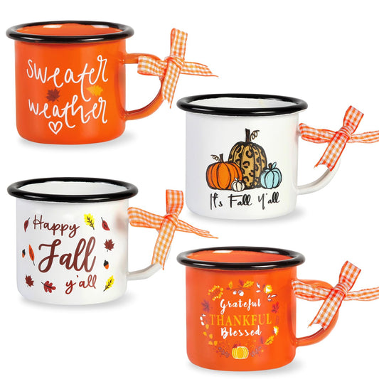 Quera 4 Pcs Fall Thanksgiving Mini Coffee Mug, Pumpkin Mini Coffee Cups for Tiered Tray Decor Autumn Centerpieces, Farmhouse Kitchen Coffee Bar PartyDecorations, Birthday Gift, 240ml