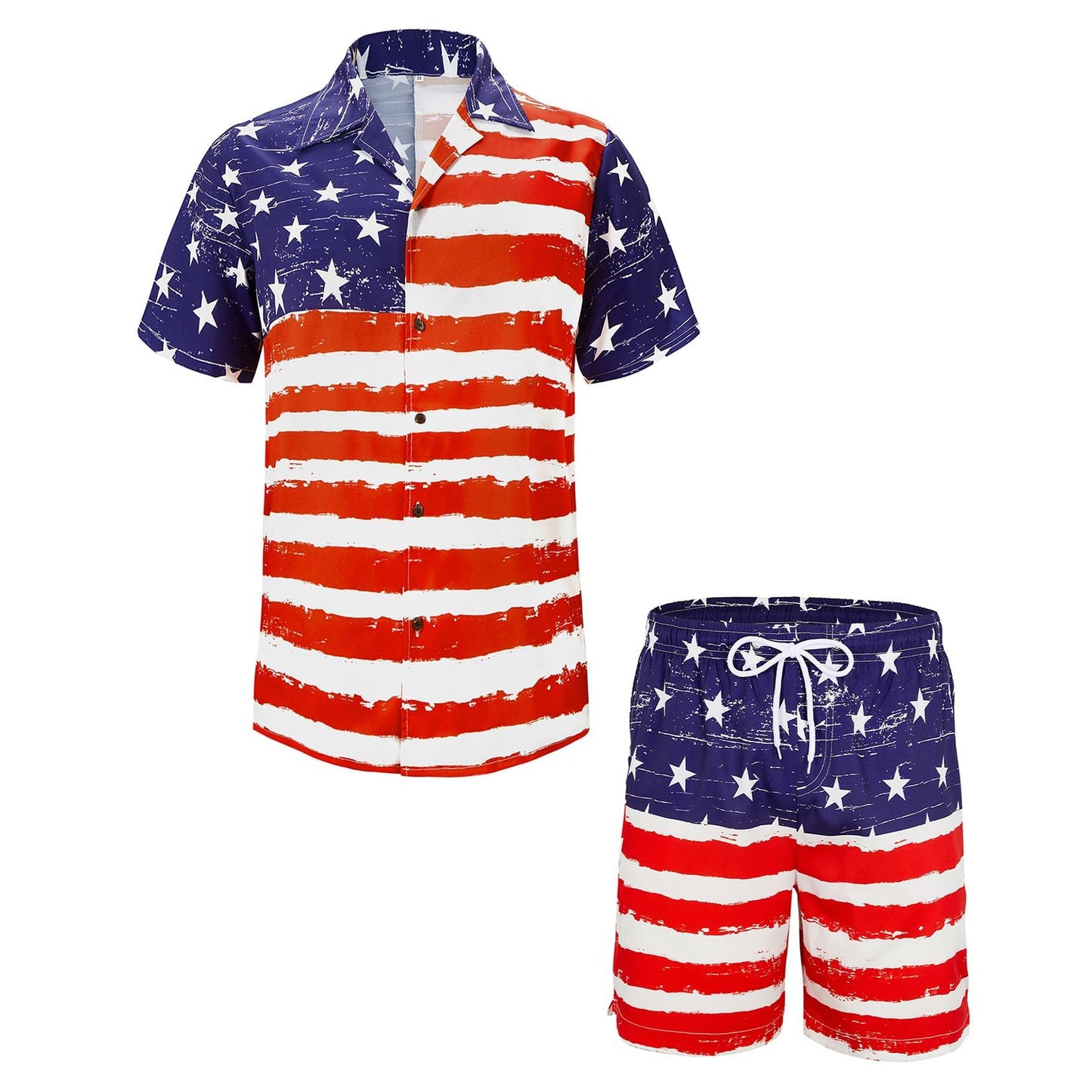 Century Star American Flag Suit for Men Hawaiian Beach Outfits Summer Vacation Hawaii Shirt & Swim Trunks Set