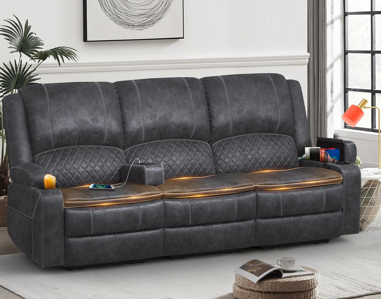 3 Seater Recliner Sofa Set with 2-Tier Cushion, 3+1+1 Pieces in Living Room, 3 Seater Reclining Couch Dutch Velvet with Removable Console, 2 Oversize Recliner Chair Sofa Seat - Grey