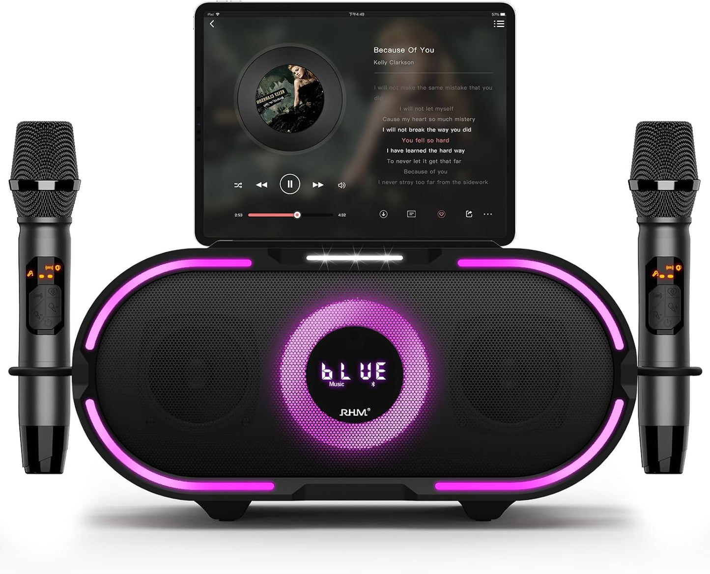 RHM K666PLUS Karaoke Machine with 2 Wireless Mics & LED Lights, Work with TV/Smartphone/Tablet via Bluetooth, 7 Hours Playtime, Support Bluetooth/AUX/USB/PC for Home Party Birthday Outdoor Camping