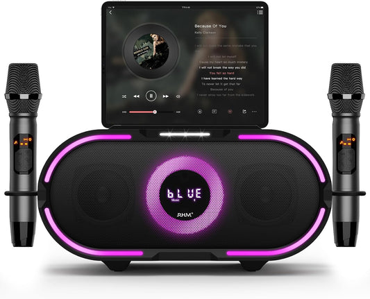 RHM K666PLUS Karaoke Machine with 2 Wireless Mics & LED Lights, Work with TV/Smartphone/Tablet via Bluetooth, 7 Hours Playtime, Support Bluetooth/AUX/USB/PC for Home Party Birthday Outdoor Camping