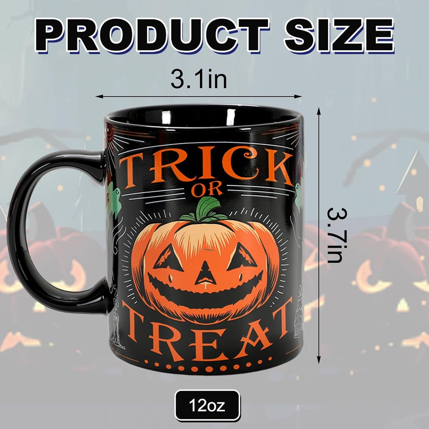 4Pcs Halloween Mugs Pumpkin Black Cat Ghost Skeleton Coffee Mug Orange Black Ceramic Drinking Cup for Halloween Party Table Centerpieces, 12oz