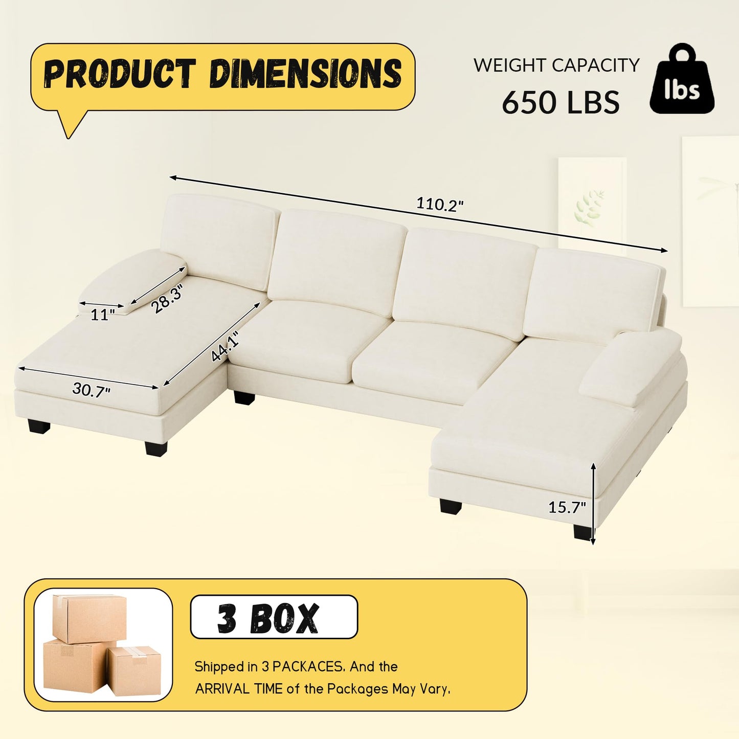 JUMMICO Sectional Couches for Living Room, U Shaped Couch with Chenille Fabric, 4 Seat Modern Sofa with Removable Pillows for Apartment and Small Space (Corduroy, Beige)