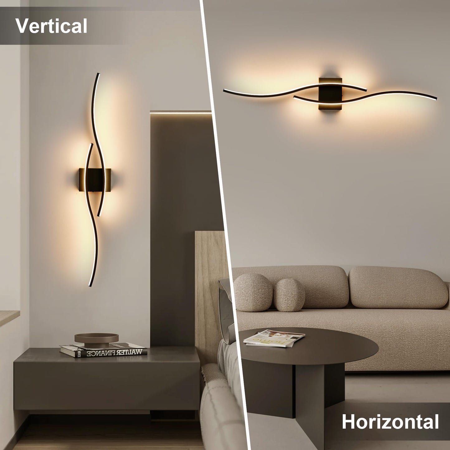 Battery Operated Wall Sconces Set of Two with Remote Control, Dimmable/3 Color/Night-Light/Timer/Memory, Black Modern Wireless LED Sconce for Living Room, Hallway, Bedroom, 39.3 Inch (2 Pack)