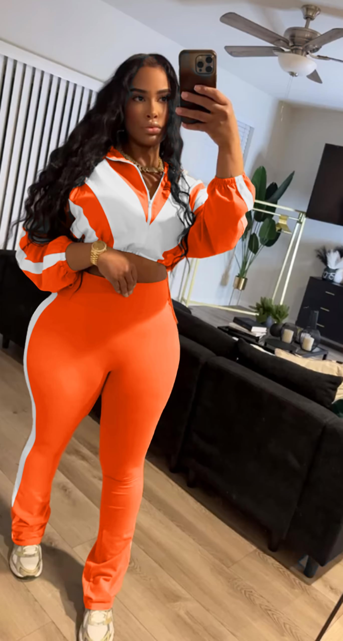 Remelon Womens 2 Piece Sweatsuits Color Block Long Sleeve Zipper Cropped Jacket Legging Pants Set Tracksuit Jogger Outfits